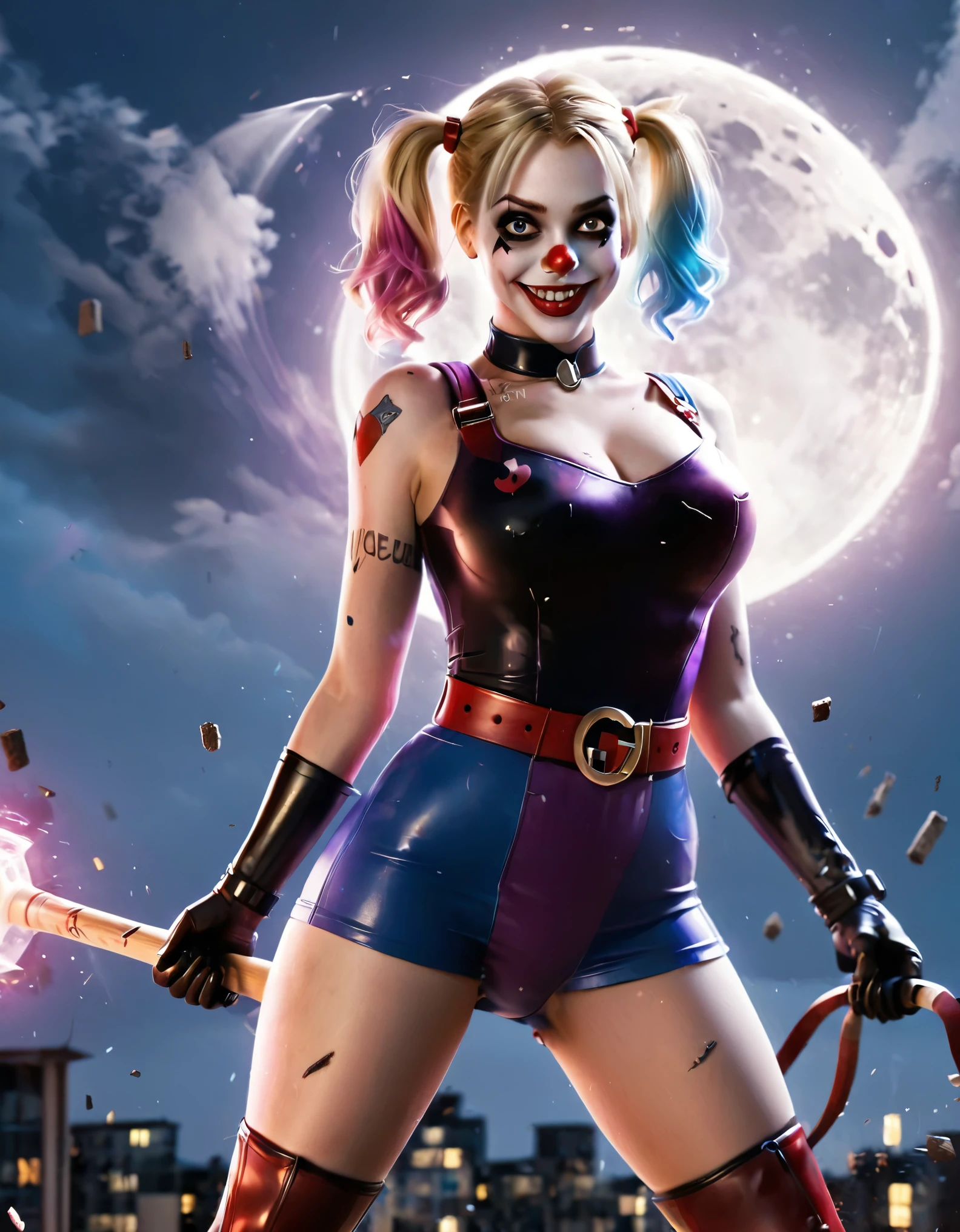Create a vibrant and dynamic illustration of a character similar to Harley Quinn. The character should have playful and mischievous facial expressions, with a wide grin. She should have white face makeup with red and black designs resembling a clown, and her hair should be in two high pigtails, colored purple and blue. She is holding a wooden baseball bat over her shoulders, wearing a purple sleeveless dress that flares out with a red belt featuring a circular buckle. Her arms should display various colorful tattoos. The background should depict a dramatic night scene with a large full moon illuminating the sky. The sky should be painted with shades of purple and blue, and there should be dark, angular buildings in the background. The overall style should be bold, with strong lines and vibrant colors, giving a comic book feel. The atmosphere should be energetic and slightly chaotic, with flying debris and dynamic lighting effects. Ultra realistic photo, vibrant colors, 16k