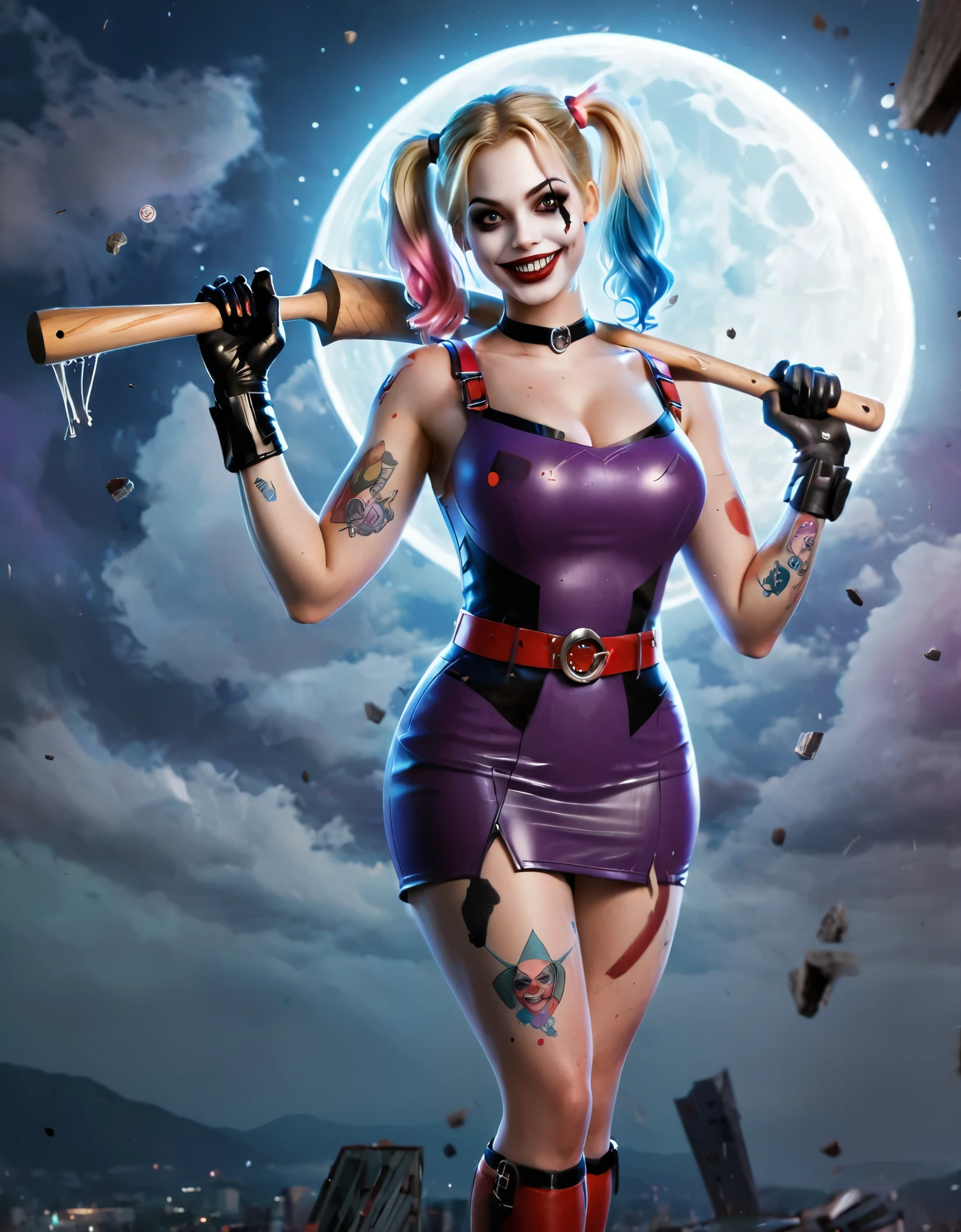 Create a vibrant and dynamic illustration of a character similar to Harley Quinn. The character should have playful and mischievous facial expressions, with a wide grin. She should have white face makeup with red and black designs resembling a clown, and her hair should be in two high pigtails, colored purple and blue. She is holding a wooden baseball bat over her shoulders, wearing a purple sleeveless dress that flares out with a red belt featuring a circular buckle. Her arms should display various colorful tattoos. The background should depict a dramatic night scene with a large full moon illuminating the sky. The sky should be painted with shades of purple and blue, and there should be dark, angular buildings in the background. The overall style should be bold, with strong lines and vibrant colors, giving a comic book feel. The atmosphere should be energetic and slightly chaotic, with flying debris and dynamic lighting effects. Ultra realistic photo, vibrant colors, 16k