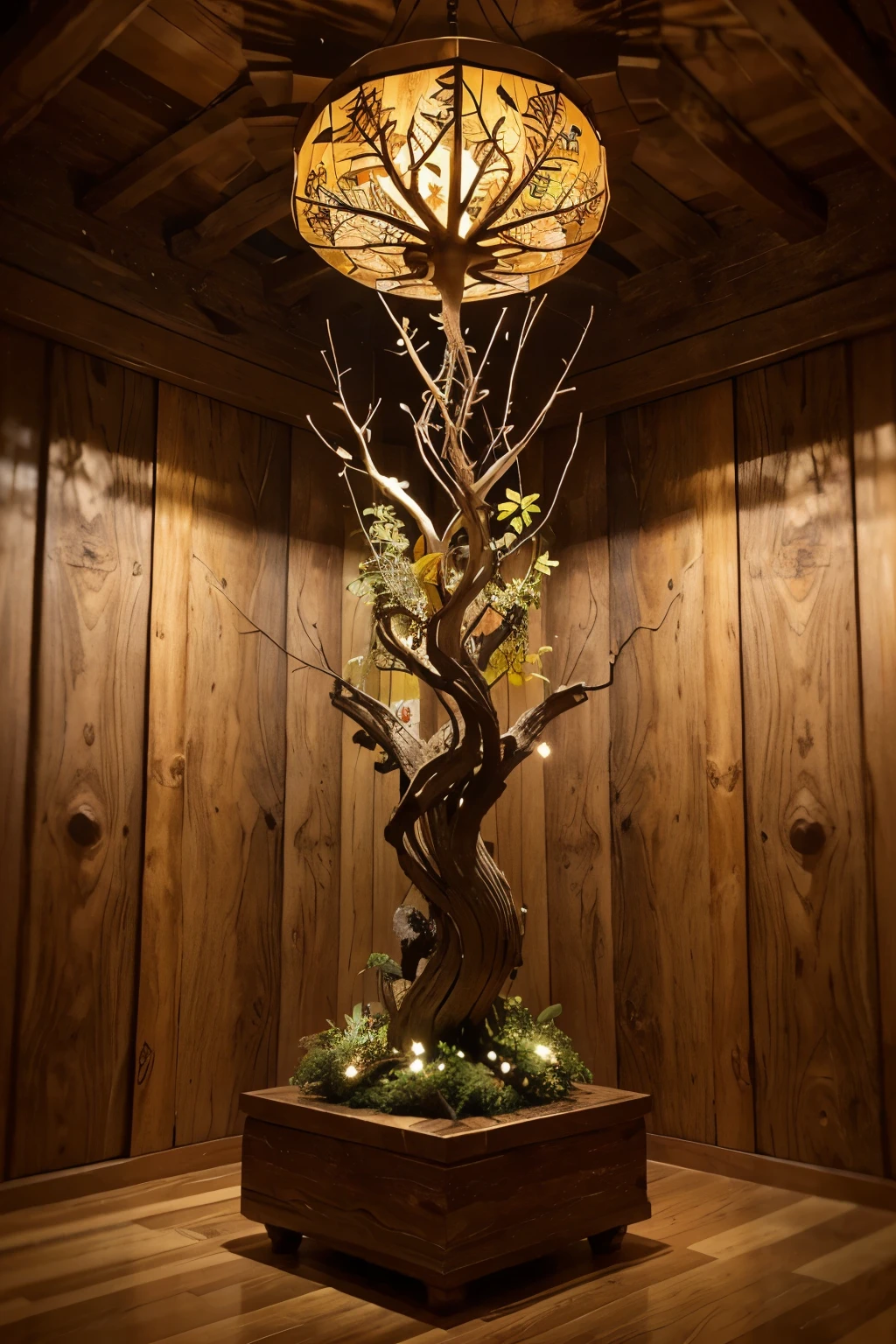 "Imagine a tree emerging from dead wood, its twisted branches and intricate shapes revealing an interior teeming with life. Recycled wood and carved forms give birth to new life, while leaves, birds, and butterflies dance around, conveying a sense of movement and vitality. Earthy tones of dead wood blend with vibrant greens and yellows, symbolizing transformation and rebirth. This logo captures the essence of 'Living Sculpture,' where creativity breathes new life into inert matter."