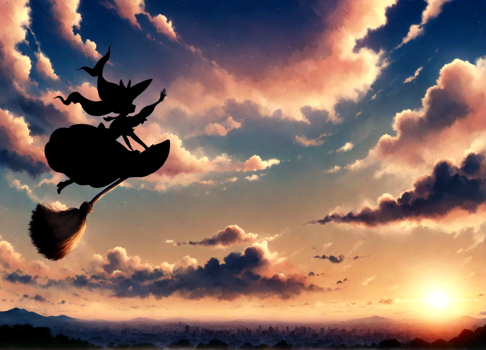 Kiki the Witch's Delivery Service、Flying over the city on a broom。hayao miyazaki style