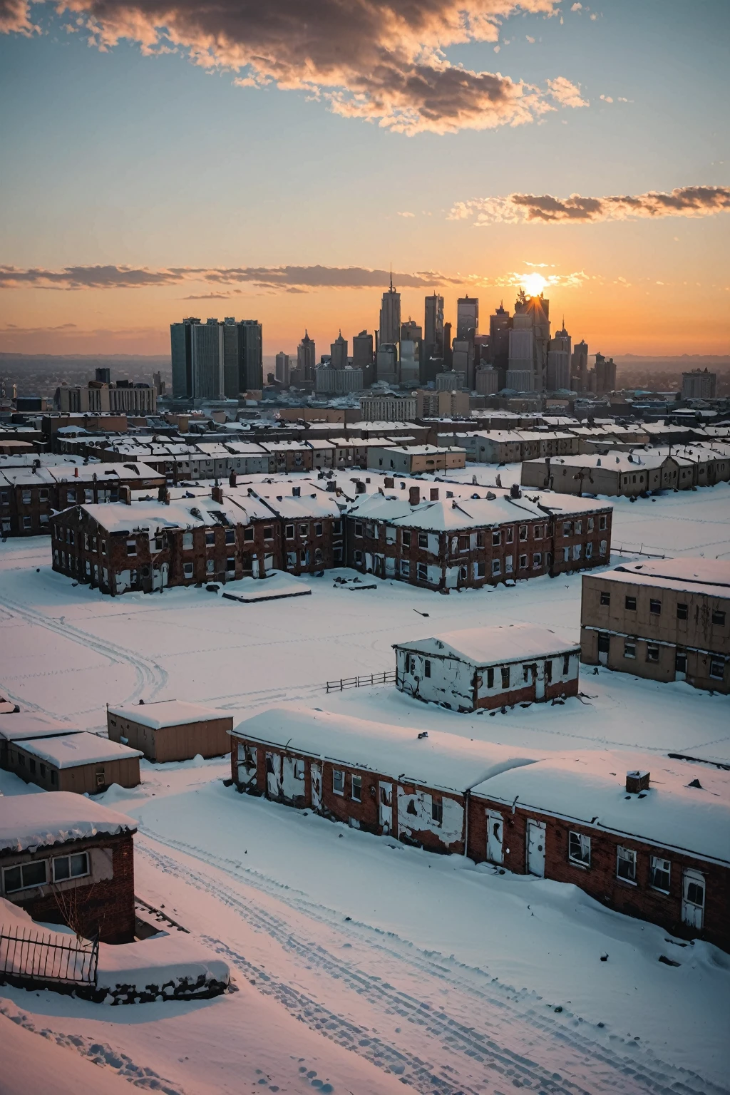 Abandoned cityscape covered in snow during sunset