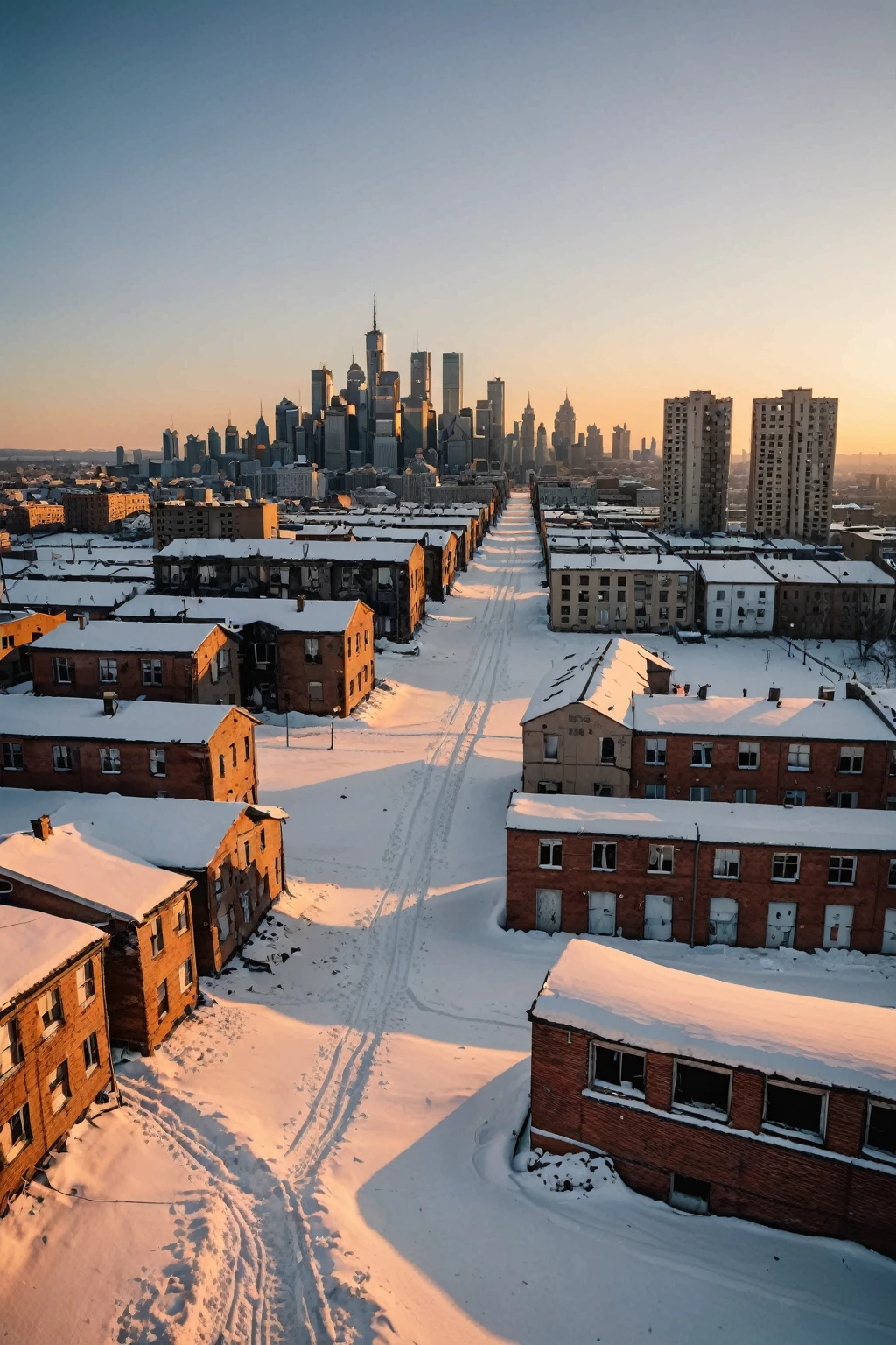 Abandoned cityscape covered in snow during sunset