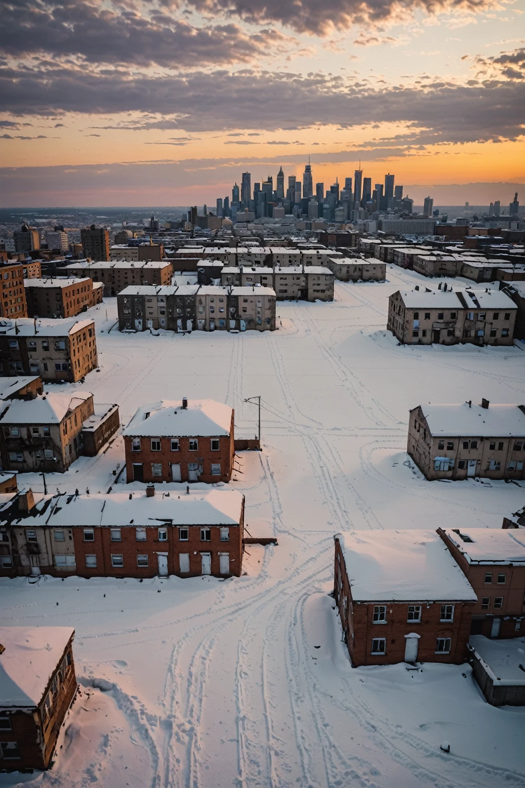 Abandoned cityscape covered in snow during sunset