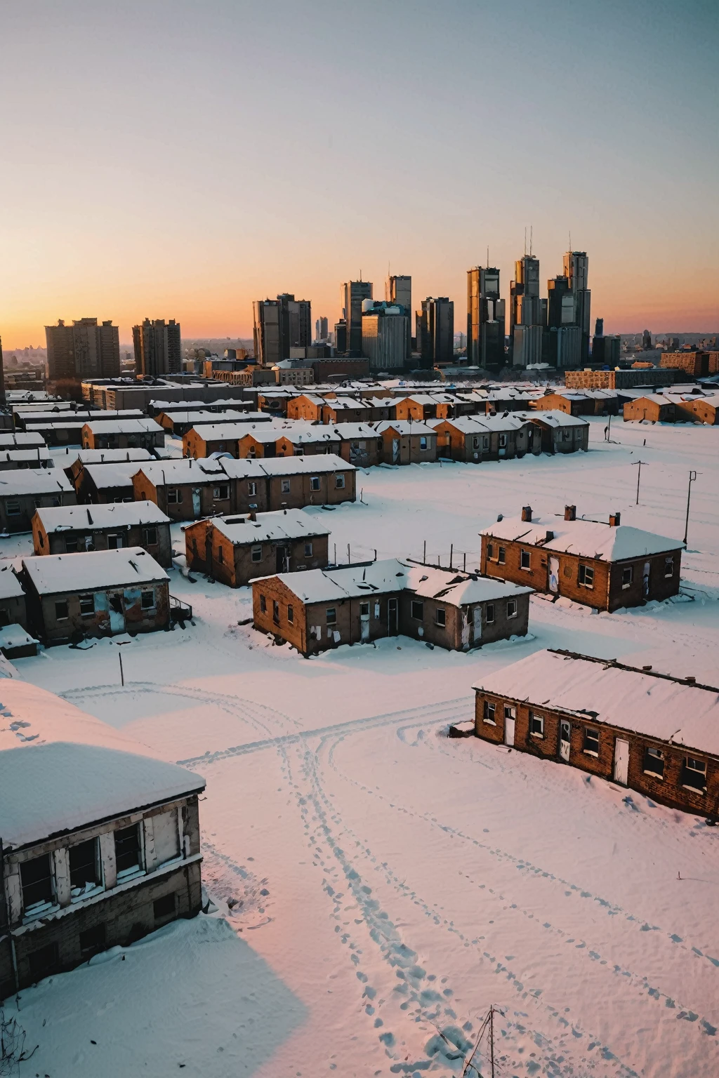 Abandoned cityscape covered in snow during sunset