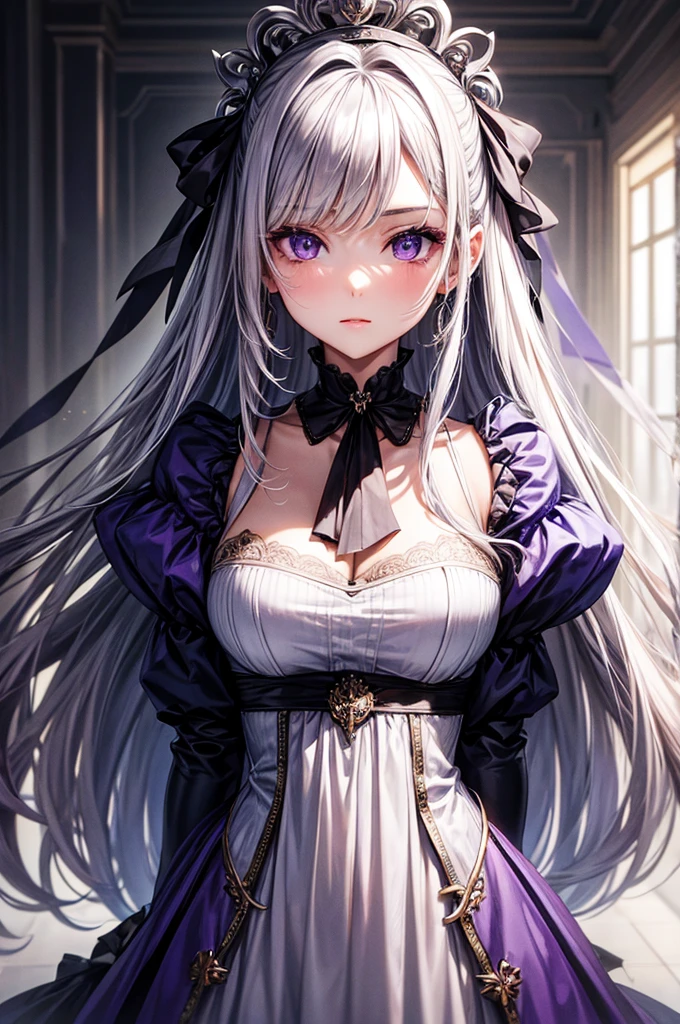masterpiece, best quality, 1 Girl, Elena_(possible_No_Gossip), Silver Hair, Purple Eyes, long hair,