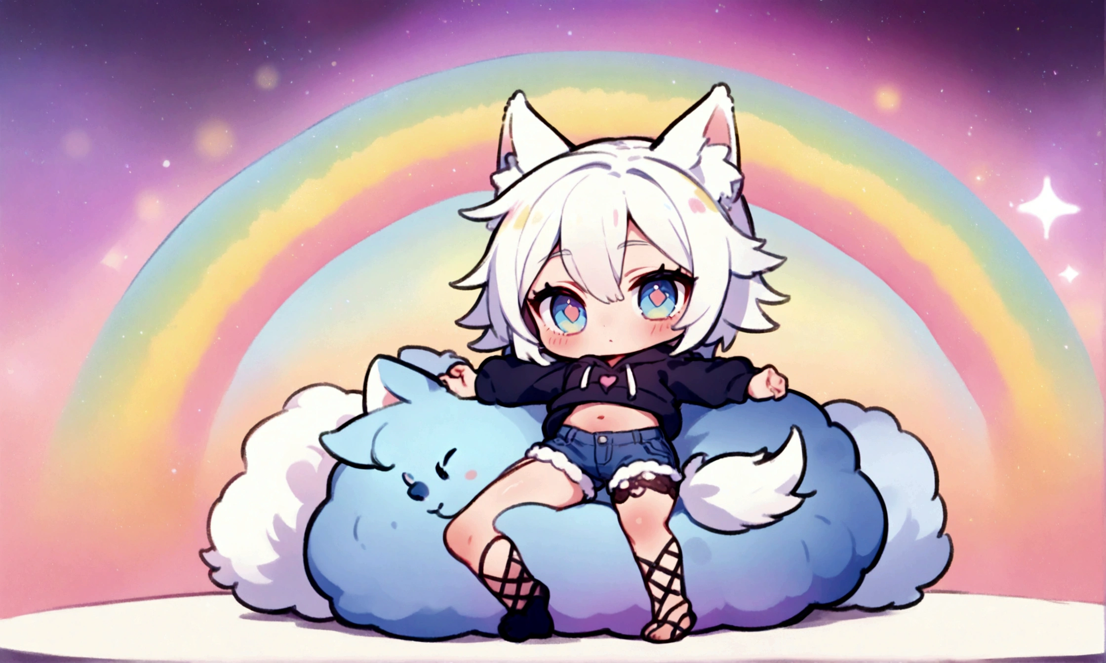a cute chibi style adult male with wolf ears, white hair, has a wolf tail, wearing a loose cropped oversized black hoodie, wearing a pair of denim short shorts and fishnet stockings, thick thighs, wide hips, relaxing on mound of fluffy multi colored kawaii plushies, short, very slim, showing slender tummy, stretching out, heart on hoodie, squishy thighs, has glowing blue eyes. alone, solo (ALONE)(SOLO), surrounded by rainbows, colorful galaxy backround