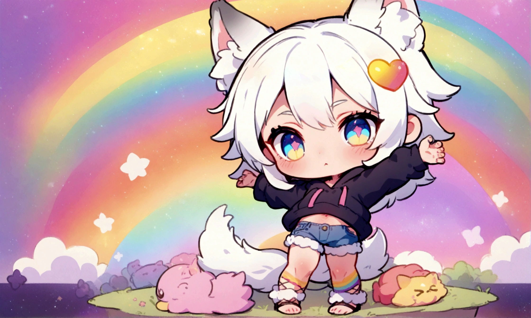 a cute chibi style adult male with wolf ears, white hair, has a wolf tail, wearing a loose cropped oversized black hoodie, wearing a pair of denim short shorts and fishnet stockings, thick thighs, wide hips, relaxing on mound of fluffy multi colored kawaii plushies, short, very slim, showing slender tummy, stretching out, heart on hoodie, squishy thighs, has glowing blue eyes. alone, solo (ALONE)(SOLO), surrounded by rainbows, colorful galaxy backround