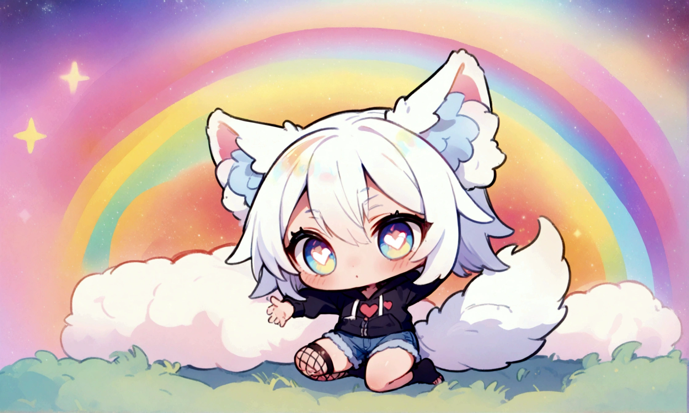 a cute chibi style male with wolf ears, white hair, has a wolf tail, wearing a loose cropped oversized black hoodie, wearing a pair of denim short shorts and fishnet stockings, thick thighs, wide hips, relaxing on mound of fluffy multi colored kawaii plushies, short, very slim, showing slender tummy, stretching out, heart on hoodie, squishy thighs, has glowing blue eyes. alone, solo (ALONE)(SOLO), surrounded by rainbows, colorful galaxy backround