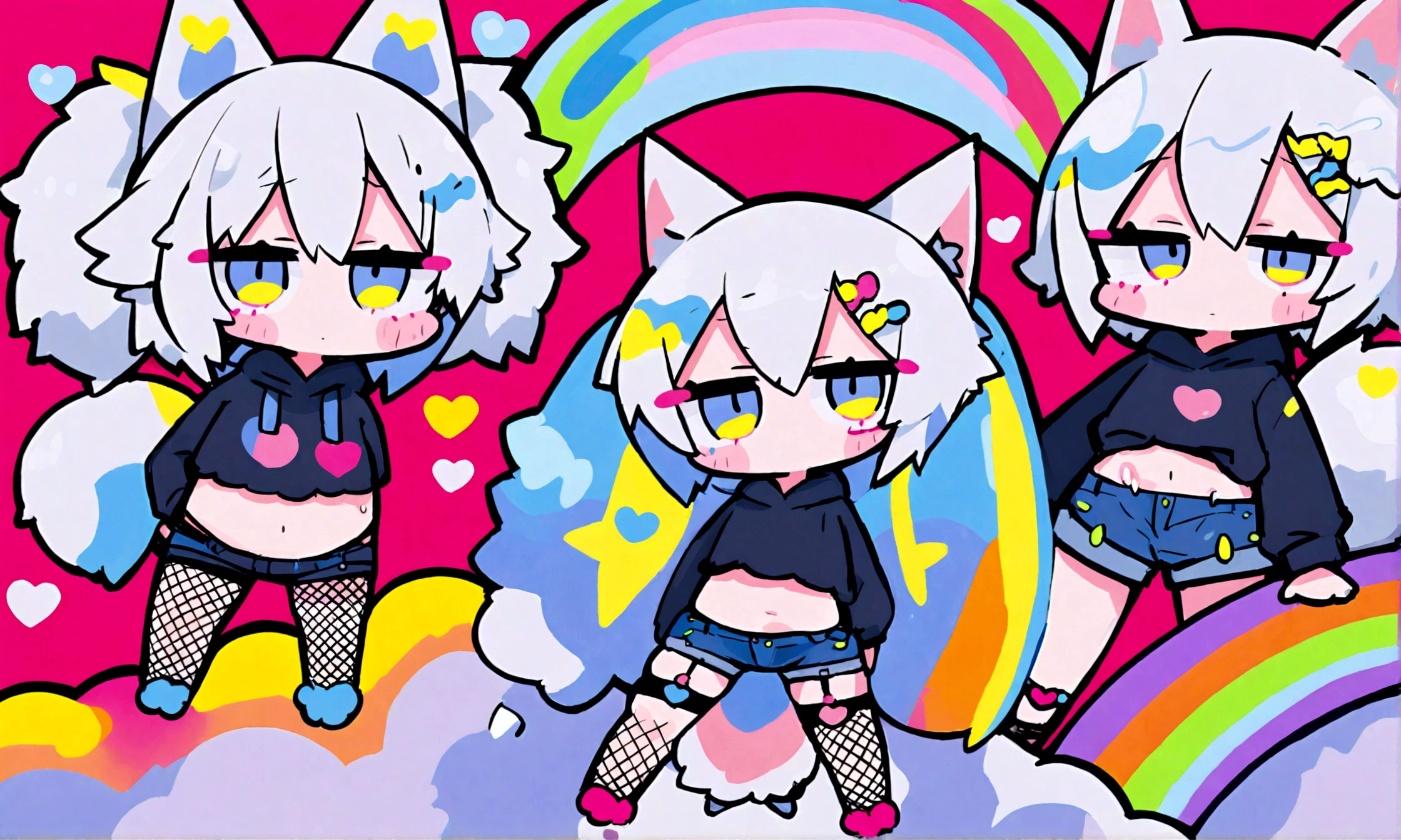 a cute chibi style adult male with wolf ears, white hair, has a wolf tail, wearing a loose cropped oversized black hoodie, wearing a pair of denim short shorts and fishnet stockings, thick thighs, wide hips, relaxing on mound of fluffy multi colored kawaii plushies, short, very slim, showing slender tummy, stretching out, heart on hoodie, squishy thighs, has glowing blue eyes. alone, solo (ALONE)(SOLO), surrounded by rainbows, colorful galaxy backround