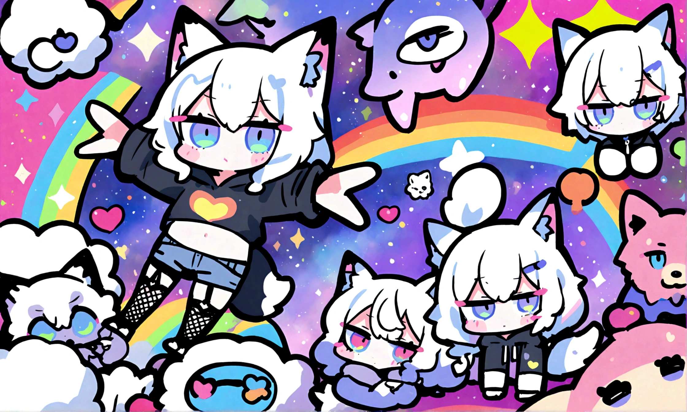 a cute chibi style adult male with wolf ears, white hair, has a wolf tail, wearing a loose cropped oversized black hoodie, wearing a pair of denim short shorts and fishnet stockings, thick thighs, wide hips, relaxing on mound of fluffy multi colored kawaii plushies, short, very slim, showing slender tummy, stretching out, heart on hoodie, squishy thighs, has glowing blue eyes. alone, solo (ALONE)(SOLO), surrounded by rainbows, colorful galaxy backround