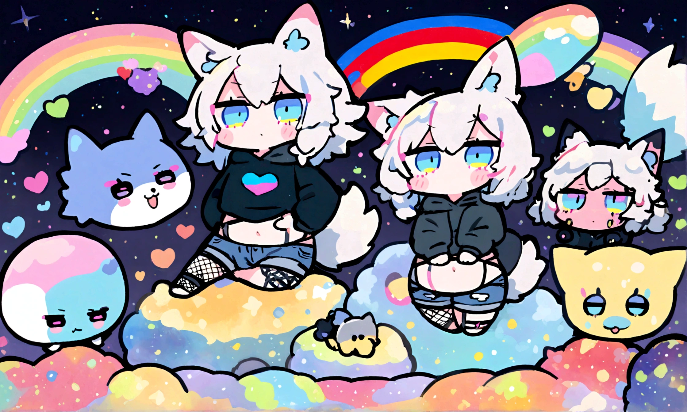 a cute chibi style adult male with wolf ears, white hair, has a wolf tail, wearing a loose cropped oversized black hoodie, wearing a pair of denim short shorts and fishnet stockings, thick thighs, wide hips, relaxing on mound of fluffy multi colored kawaii plushies, short, very slim, showing slender tummy, stretching out, heart on hoodie, squishy thighs, has glowing blue eyes. alone, solo (ALONE)(SOLO), surrounded by rainbows, colorful galaxy backround