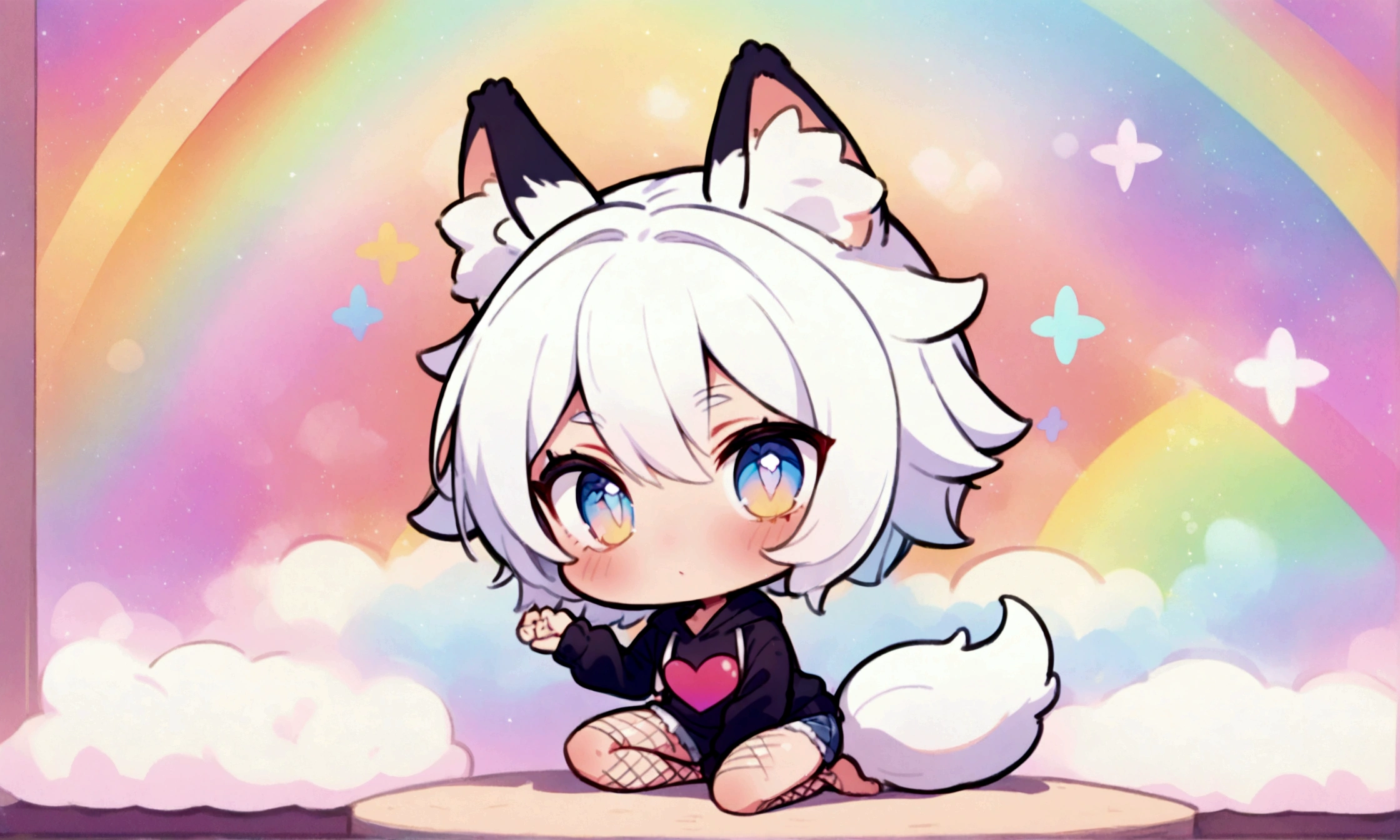 a cute chibi style adult male with wolf ears, white hair, has a wolf tail, wearing a loose cropped oversized black hoodie, wearing a pair of denim short shorts and fishnet stockings, thick thighs, wide hips, relaxing on mound of fluffy multi colored kawaii plushies, short, very slim, showing slender tummy, stretching out, heart on hoodie, squishy thighs, has glowing blue eyes. alone, solo (ALONE)(SOLO), surrounded by rainbows, colorful galaxy backround