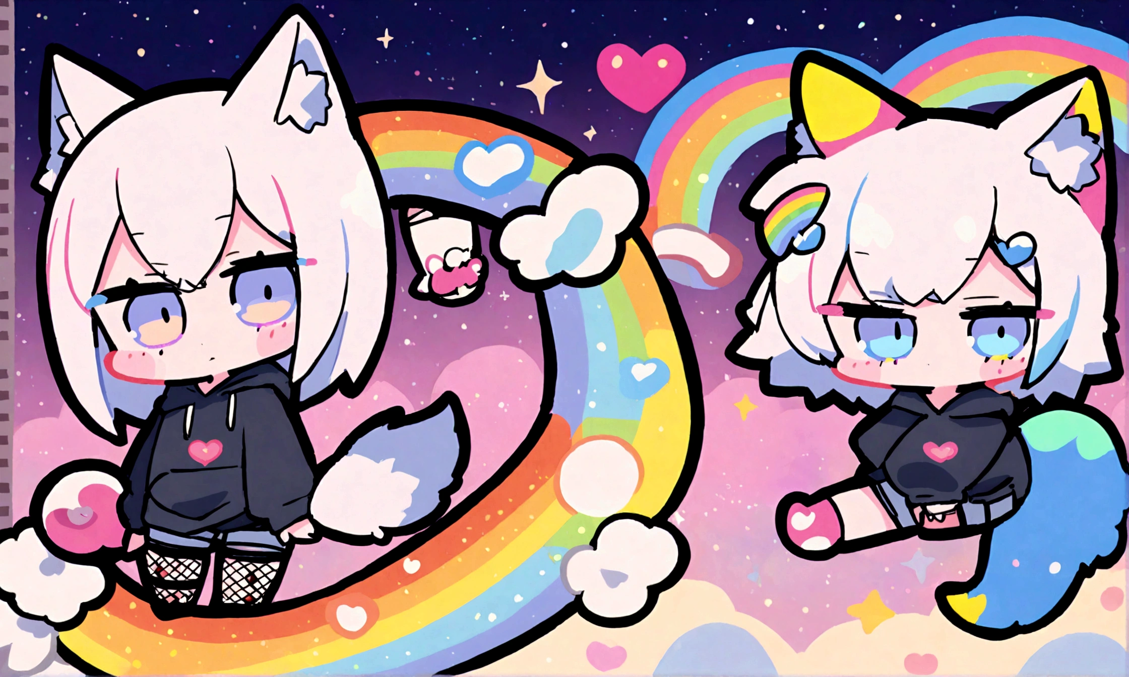a cute chibi style adult male with wolf ears, white hair, has a wolf tail, wearing a loose cropped oversized black hoodie, wearing a pair of denim short shorts and fishnet stockings, thick thighs, wide hips, relaxing on mound of fluffy multi colored kawaii plushies, short, very slim, showing slender tummy, stretching out, heart on hoodie, squishy thighs, has glowing blue eyes. alone, solo (ALONE)(SOLO), surrounded by rainbows, colorful galaxy backround