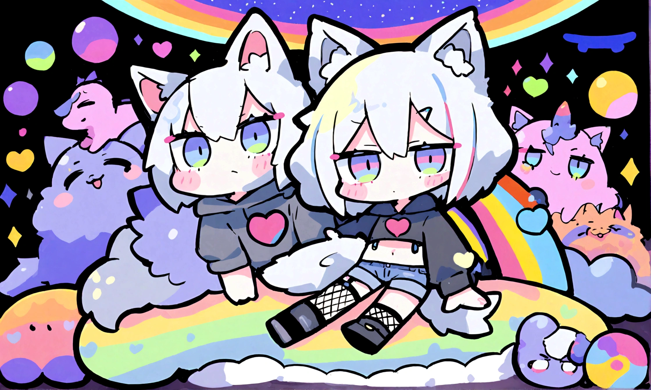 a cute chibi style adult male with wolf ears, white hair, has a wolf tail, wearing a loose cropped oversized black hoodie, wearing a pair of denim short shorts and fishnet stockings, thick thighs, wide hips, relaxing on mound of fluffy multi colored kawaii plushies, short, very slim, showing slender tummy, stretching out, heart on hoodie, squishy thighs, has glowing blue eyes. alone, solo (ALONE)(SOLO), surrounded by rainbows, colorful galaxy backround