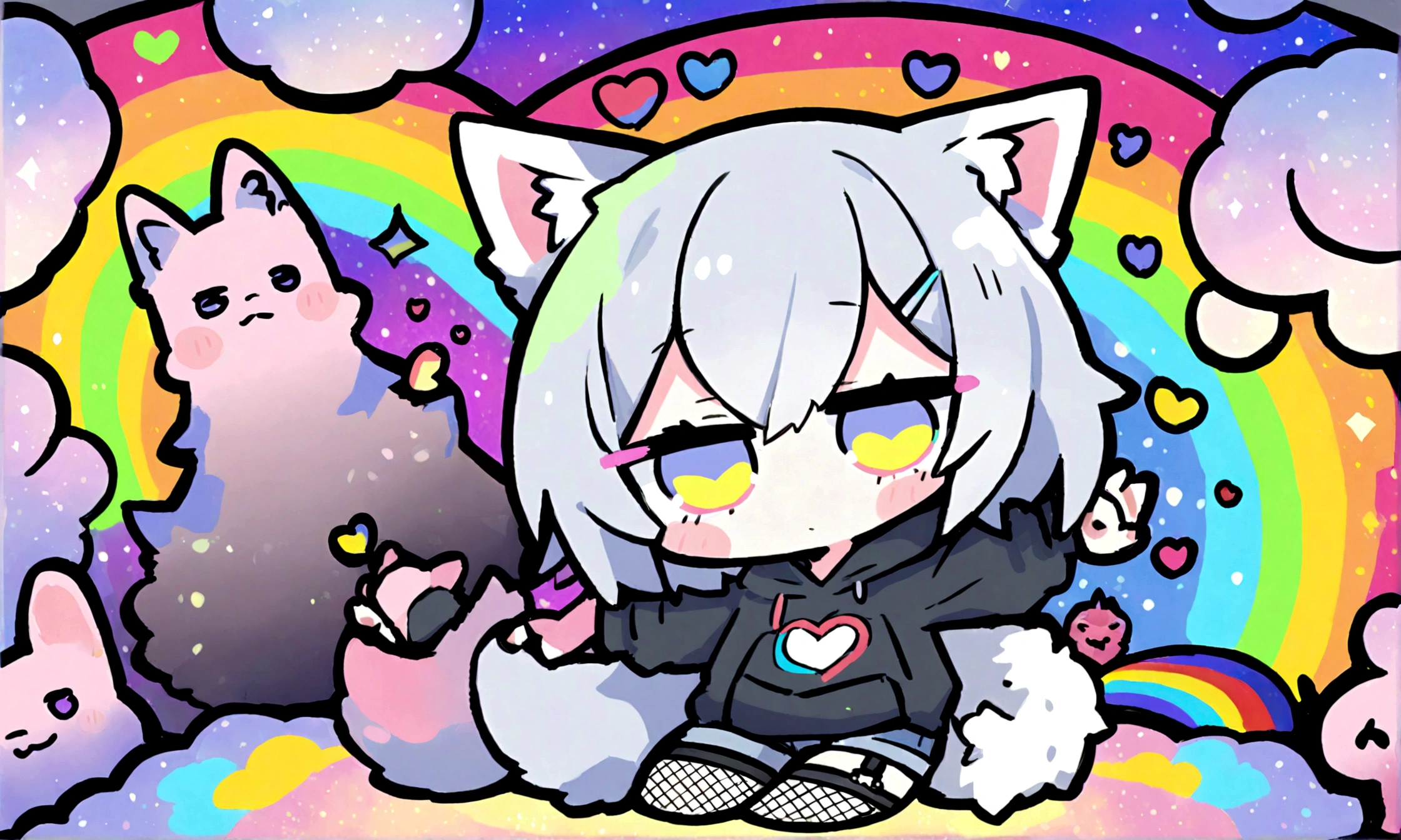 a cute chibi style adult male with wolf ears, white hair, has a wolf tail, wearing a loose cropped oversized black hoodie, wearing a pair of denim short shorts and fishnet stockings, thick thighs, wide hips, relaxing on mound of fluffy multi colored kawaii plushies, short, very slim, showing slender tummy, stretching out, heart on hoodie, squishy thighs, has glowing blue eyes. alone, solo (ALONE)(SOLO), surrounded by rainbows, colorful galaxy backround