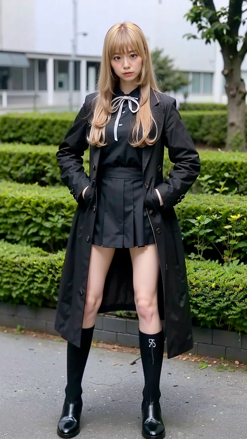 (8k、RAW Photos、highest quality、masterpiece:1.2)、(Realistic、Realistic)、1 girl、((Black Coat、Blonde、Black Mini Skirt、Ribbon on chest、Knee socks、、Big Breasts、boots、whole body、garden、View from the front、Looking into the camera、Standing with hands on hips))、