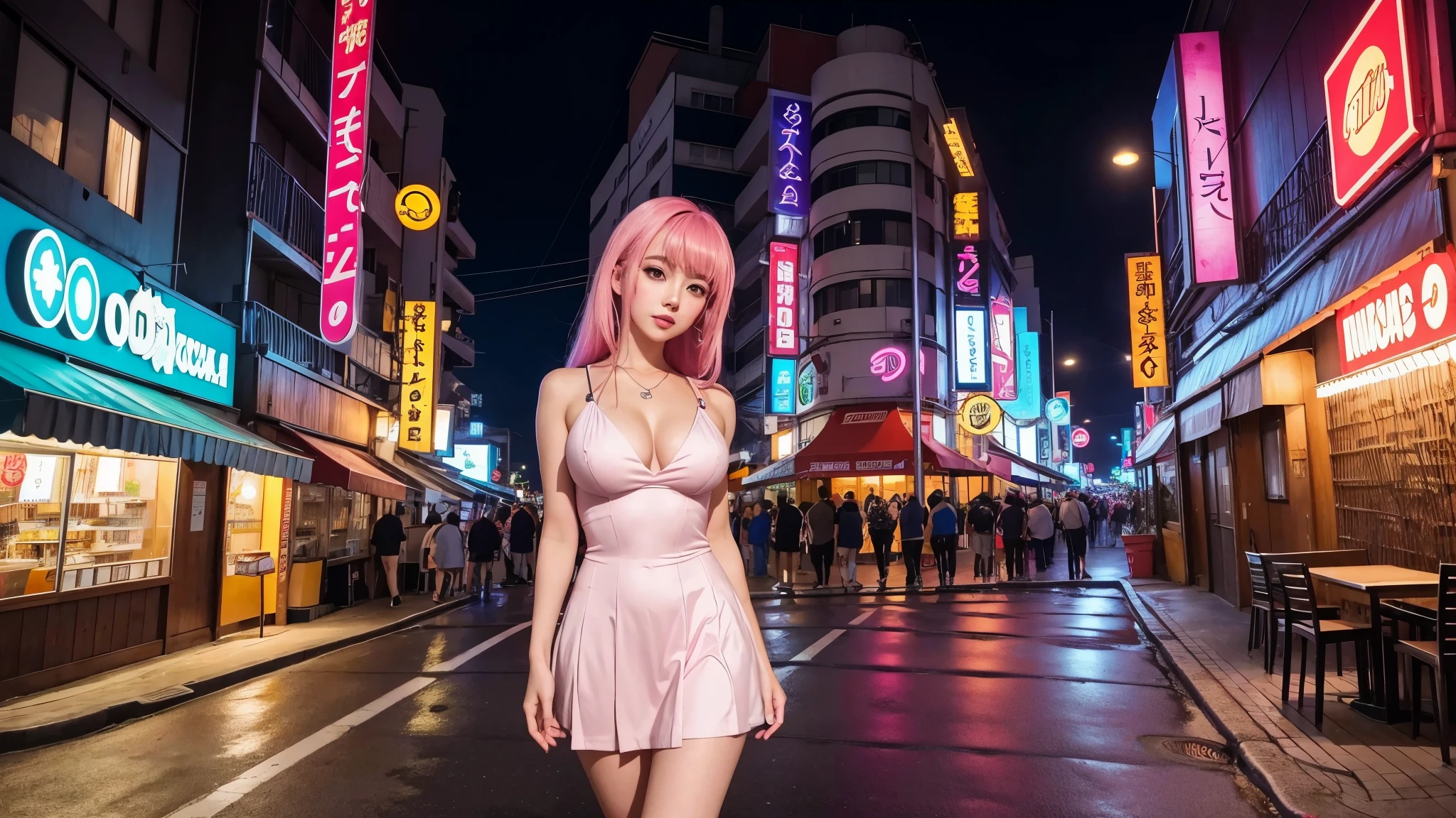 foto cute anime grirl, cute, aproximada, corpo inteiro, desenho, mango, night,  cyberpunk, retrowave scene, anime, 16x9, city night, estudantes, fliperamas, neon, pouca roupa, Photogenic, exibicionista, 2d, colorido, arcade, uma garota em uma cidade de neon retrowave , personagens de anime, anime style, 2d, desenhado, not 3d, unrealistic, garota colegial japonesa, anatomia perfeita, voluptuosa, sexy, linda, beautiful proportions, night dress, enormes boobs, da cintura pra cima, aproximada, varied scenery, maquina de vendas, ramen restaurant, camera aproximada, angulos diferenciados, estilo anime, 

