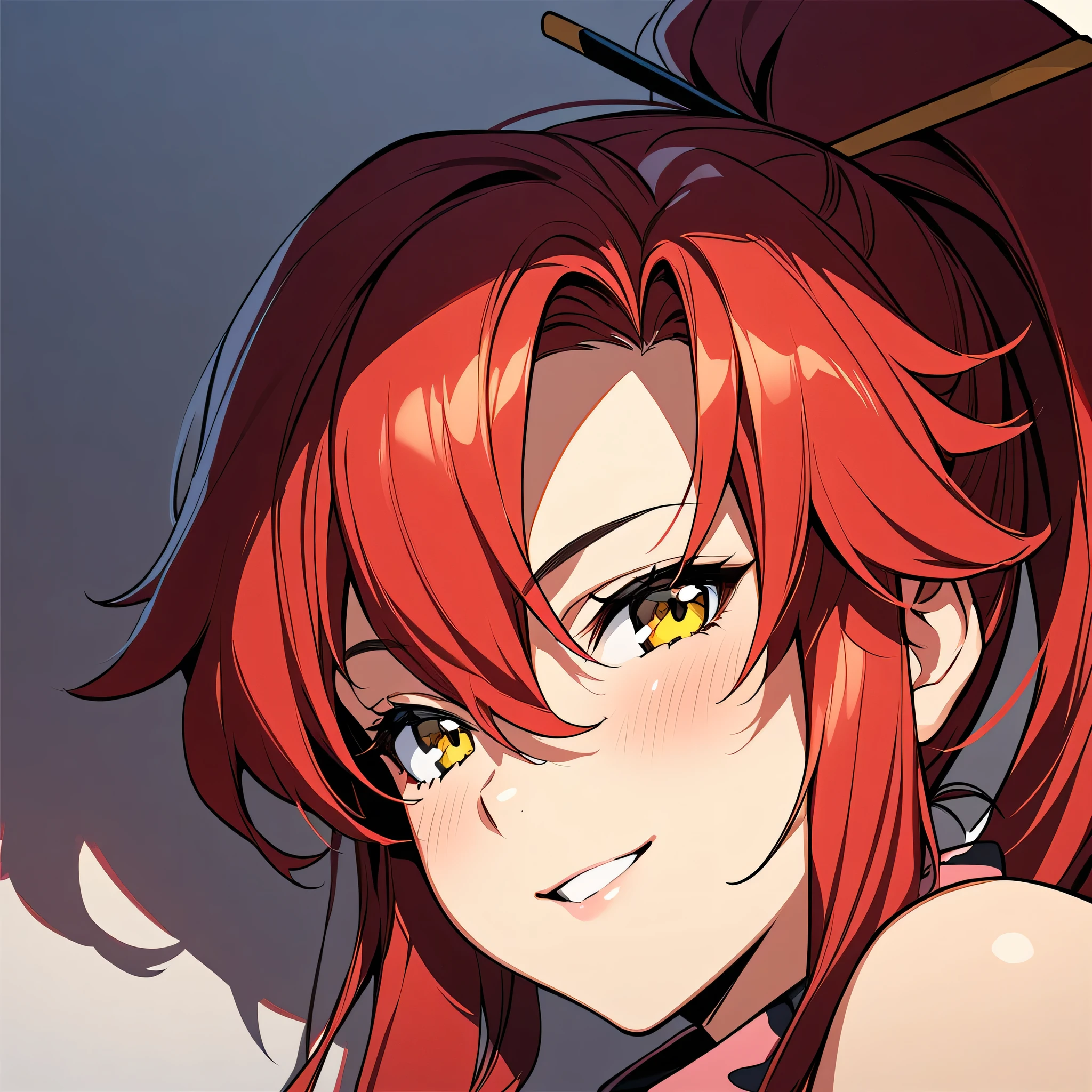 (masterpiece),(best quality),(ultra-detailed),(best illustration),(best shadow),(absurdres),(detailed background),(very aesthetic), yoko littner, red hair, pony tail, yellow eyes, very close-up, portrait, seductive smile, 