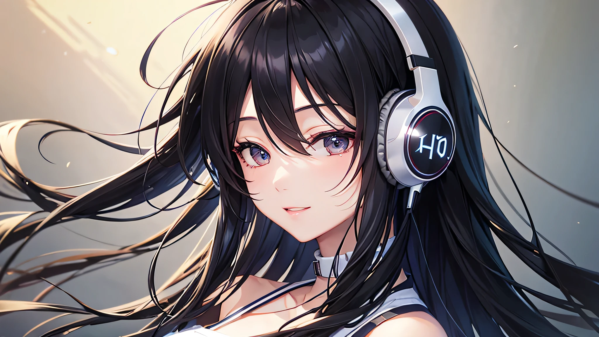 headphone、Listening to music happily、black hair、long hair、woman、