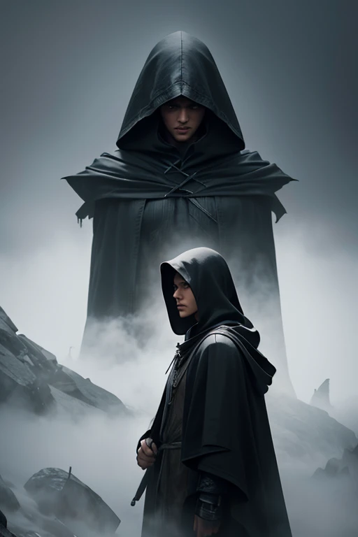 warrior.black hooded cloak.in the middle of a fog