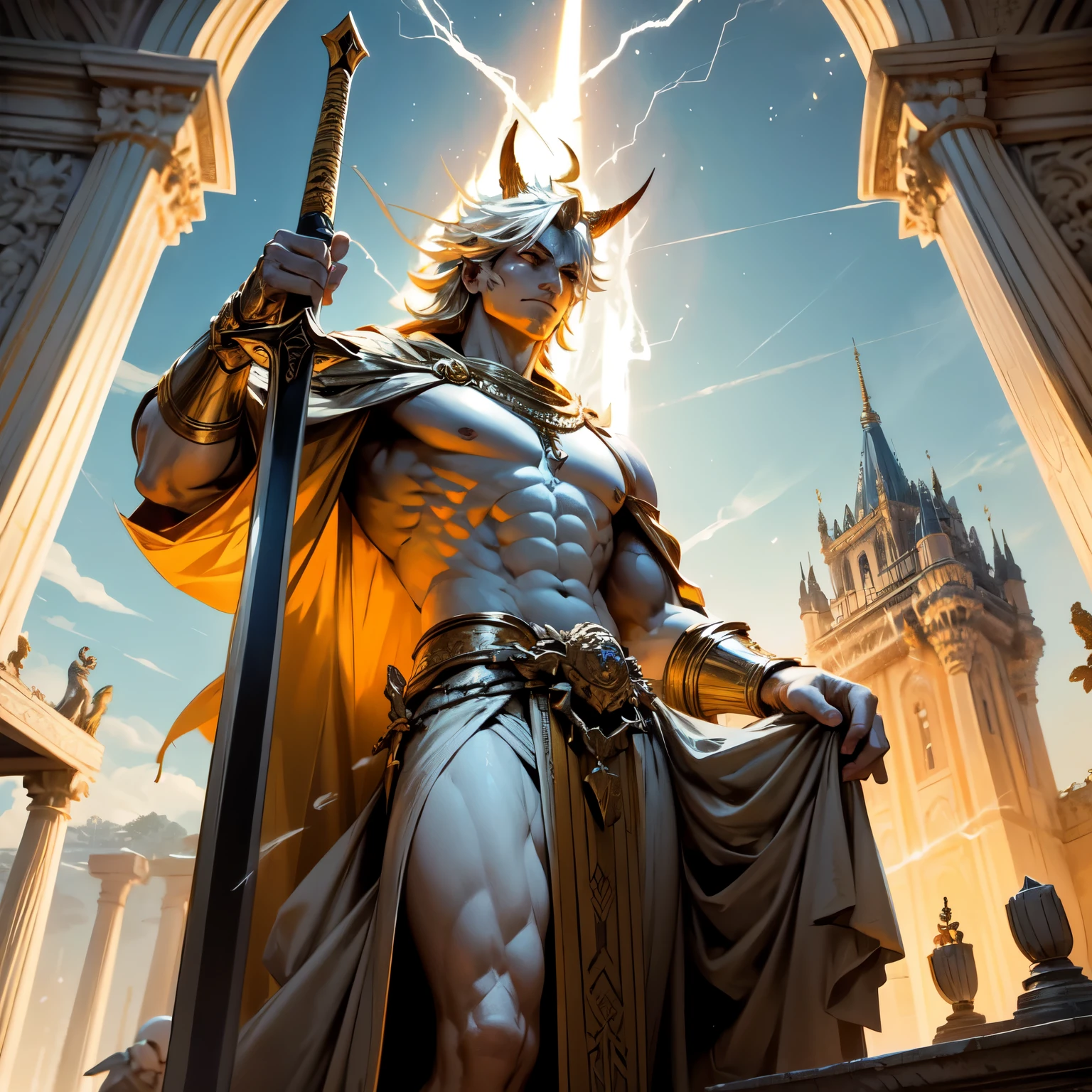 Create an 8K ultra HD digital image of a majestic oni king of flame and fire spirit, com pele vermelha escura e olhos ardentes como brasas. O rei oni tem cabelos de fogo que se movem como chamas vivas. He is clad in infernal armor forged from dark metals and adorned with incandescent stones that glow brightly.. Uma capa de fogo vivo se estende de seus ombros. On the castle terrace, o rei oni empunha a Espada de Zeus. The sword is made of celestial gold and emits golden rays, with divine inscriptions along the blade that shine brightly. The hilt of the sword is adorned with small rays and lightning., simbolizando seu poder supremo. He holds the sword in a vigilance pose, pronto para observar seu reino, while electric sparks dance around you. The Sword of Zeus is known for its ability to control thunder and lightning, e uma aura de poder divino emana dela. The terrace offers a panoramic view of the lands surrounding the castle, com parapeitos de pedra intricadamente esculpidos. Hanging gardens with exotic plants and water fountains adorn the space. The sky is filled with twinkling stars, and a gentle breeze sways the flowers and leaves. The image should capture the majesty and serenity of the castle terrace, highlighting the interaction of the oni king with the Sword of Zeus.