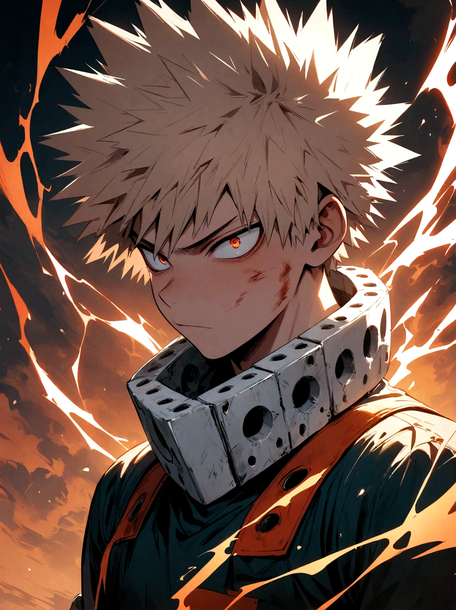 1boy, male focus, Bakugou Katsuki, boku no hero academia, injury, electricity,, masterpiece, best quality, very aesthetic, absurdres