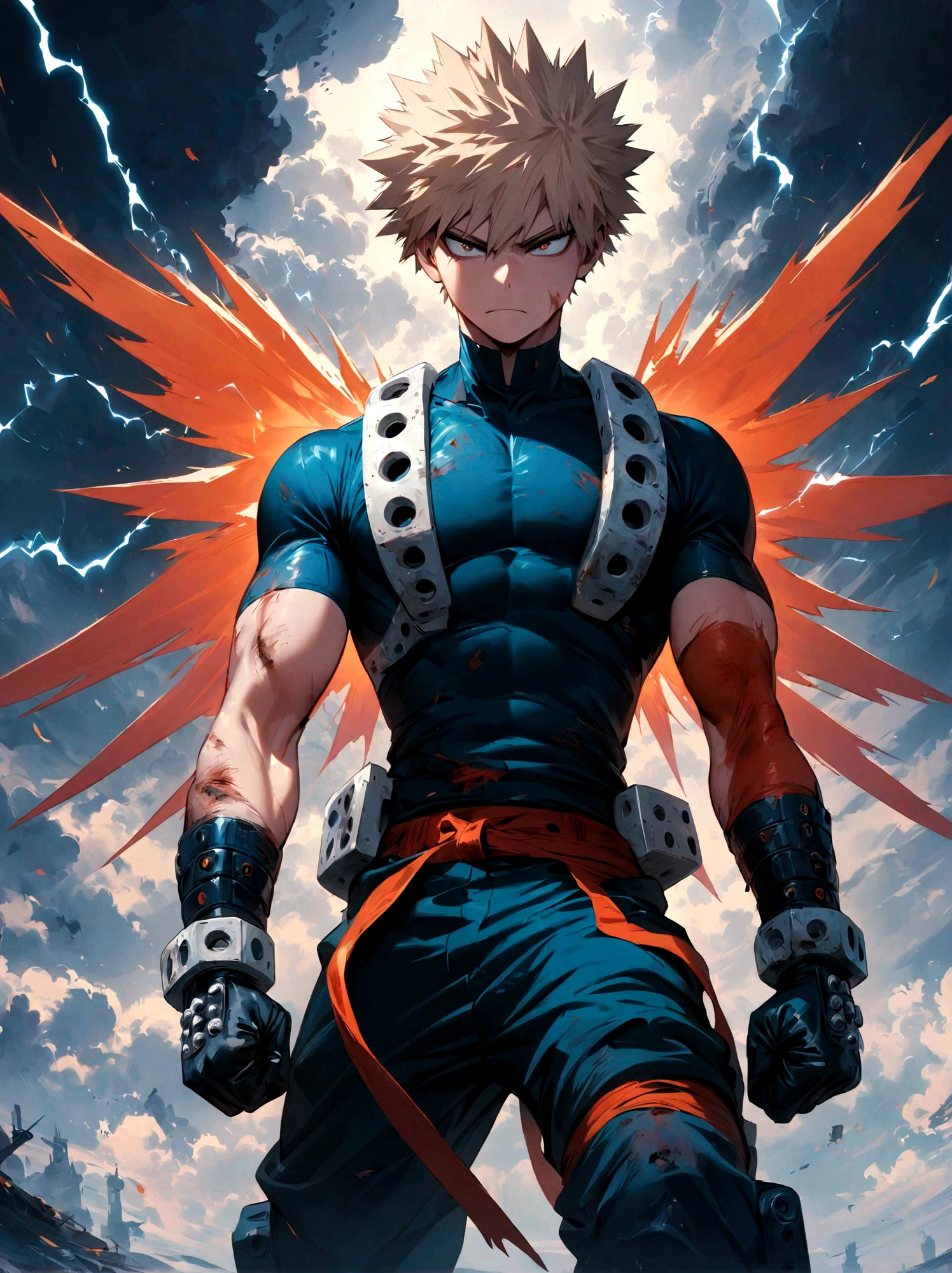 1boy, male focus, Bakugou Katsuki, boku no hero academia, injury, electricity,, masterpiece, best quality, very aesthetic, absurdres