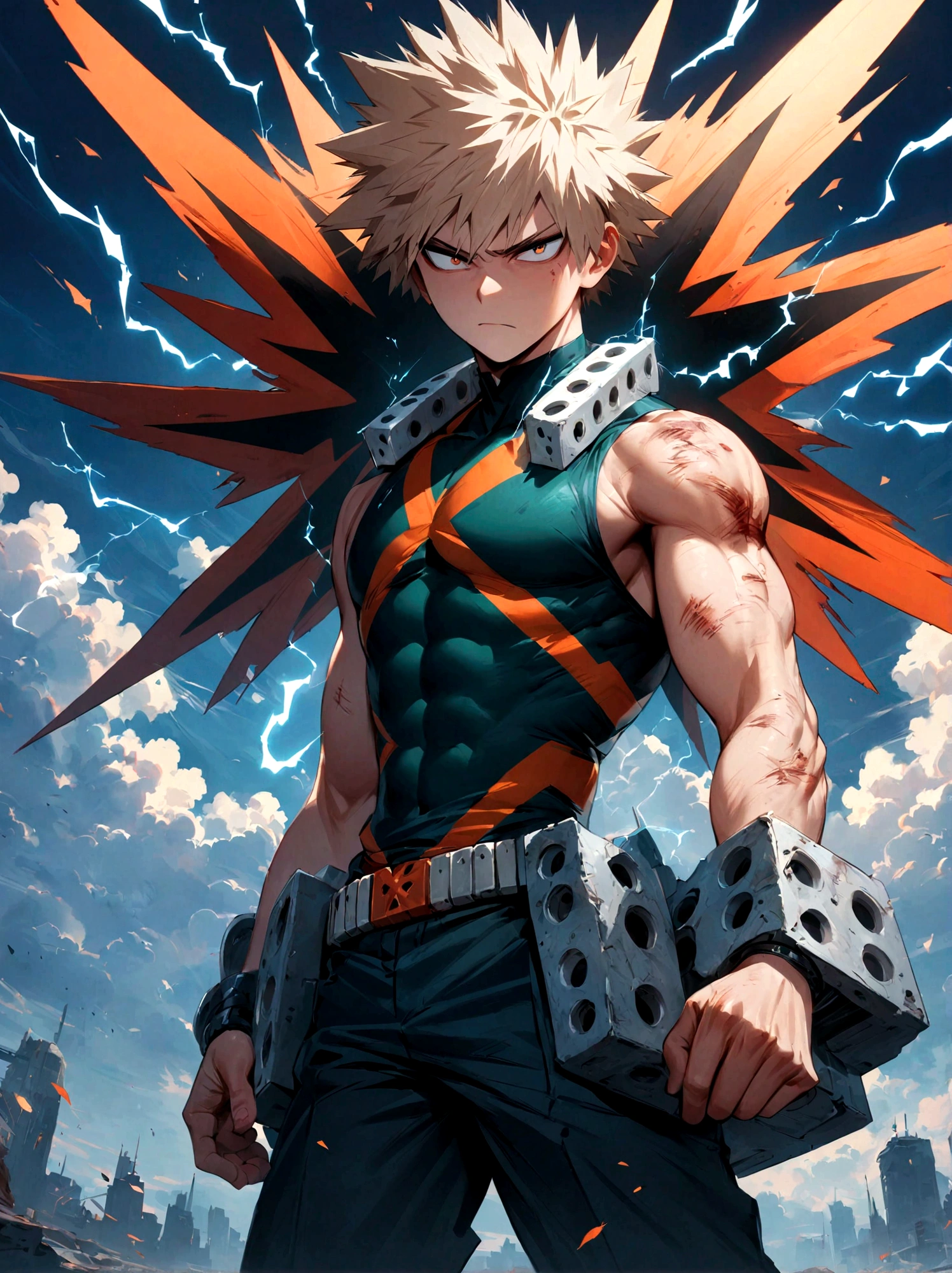 1boy, male focus, Bakugou Katsuki, boku no hero academia, injury, electricity,, masterpiece, best quality, very aesthetic, absurdres