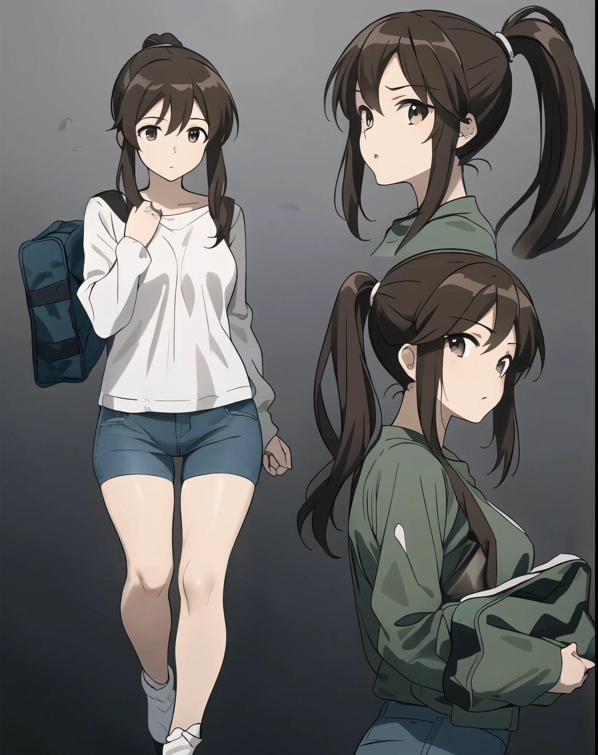 Create an image of a 14-year-old girl named Eliz, depicted in a dynamic color manga style. She has medium-length wavy brown hair tied in a ponytail and large, expressive eyes that reflect a mix of determination and vulnerability.. Su rostro muestra pecas sutiles y a menudo aparece con un aspecto ligeramente manchado y sucio, suggesting that he has been through difficult situations. Eliz lleva una chaqueta militar verde sobre una sudadera con capucha, combinada con jeans desgastados y botas resistentes. Lleva una mochila y equipo adicional, indicating that it is ready for adventure or survival. Their expressions vary from serious and focused to surprised and contemplative., capturando su personalidad compleja y resiliente. Make sure the image is high quality 4K.