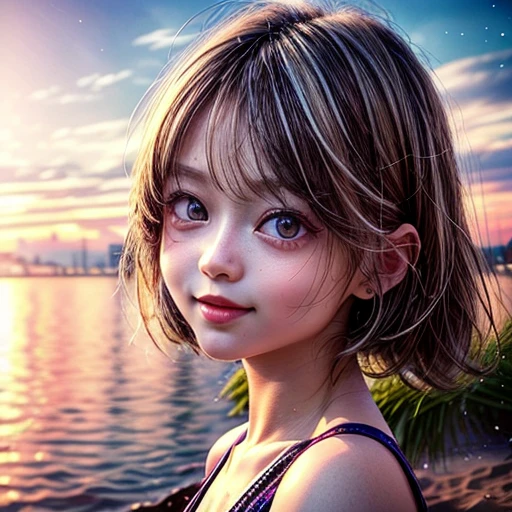 Tiny girl wearing red tube-top dress, Stroll along evening Beach, (Acutance:0.85), Masterpiece of 8K Ultra-detailed, (VolumetricLighting), SmoothShading, (RAW photorealistic:1.37), (Close-up:1.4), (Gazing at the sunseting colorful sky) (Dazzling bokeh:1.25), { (Golden ray illuminating face) | (Vivid Photon Particles:1.26) | (Gust of wind) } . (((Extremely detailed a face variation of NOGIZAKA girls))), perfect anatomy, Childish, captivating gaze, elaborate detailed Eyes with (sparkling highlights:1.3), long eyelashes、Glossy RED Lips with beautiful details, Coquettish tongue, Rosy cheeks, ((Detailed Radiant PearlSkin with clear transparency)) , smooth hair. { (Dynamic joyful expressions) | (:d) }, (no Large eyes, no tree, no mole).