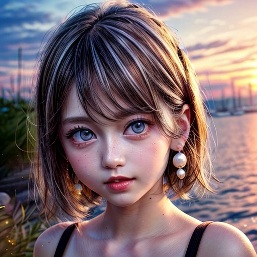 Tiny girl wearing red tube-top dress, Stroll along evening Beach, (Acutance:0.85), Masterpiece of 8K Ultra-detailed, (VolumetricLighting), SmoothShading, (RAW photorealistic:1.37), (Close-up:1.4), (Gazing at the sunseting colorful sky) (Dazzling bokeh:1.25), { (Golden ray illuminating face) | (Vivid Photon Particles:1.26) | (Gust of wind) } . (((Extremely detailed a face variation of NOGIZAKA girls))), perfect anatomy, Childish, captivating gaze, elaborate detailed Eyes with (sparkling highlights:1.3), long eyelashes、Glossy RED Lips with beautiful details, Coquettish tongue, Rosy cheeks, ((Detailed Radiant PearlSkin with clear transparency)) , smooth hair. { (Dynamic joyful expressions) | (:d) }, (no Large eyes, no tree, no mole).