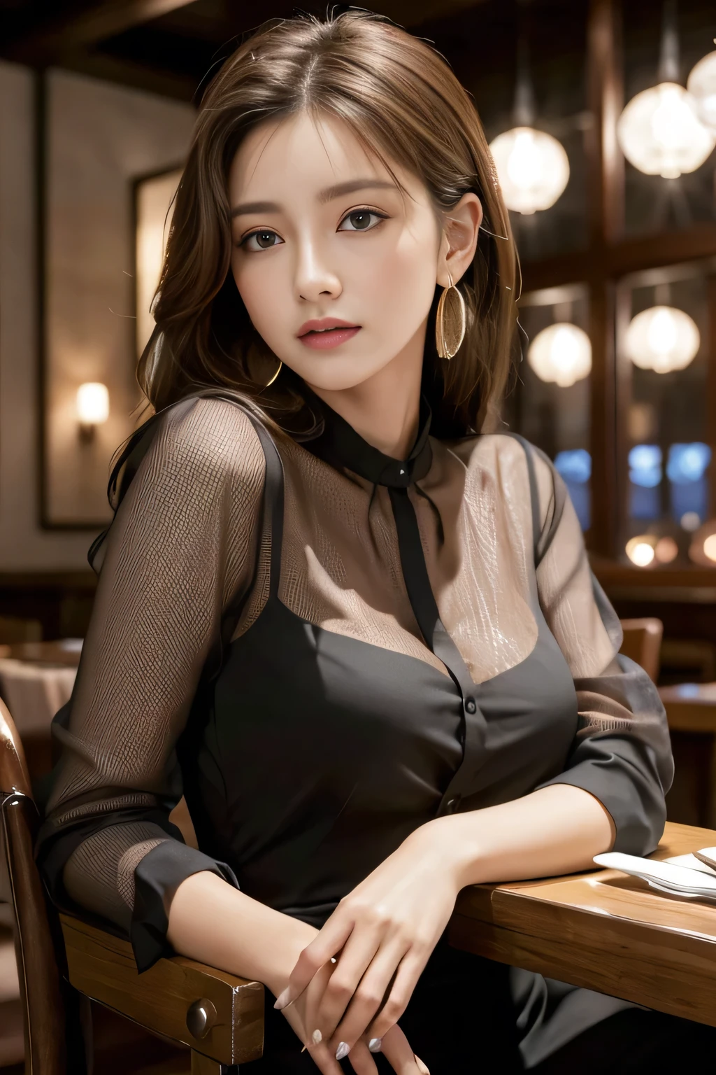 masterpiece, highest quality, Realistic, Very detailed, Finer details, High resolution, 8k wallpaper, One beautiful woman, Wear an elegant black see-through blouse, In a great restaurant, At night, Light brown messy hair, Perfect dynamic composition, Beautiful and beautiful eyes、Big earrings、Sitting in a chair、