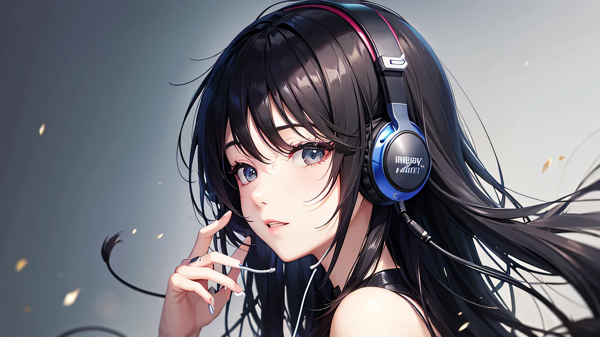 headphone、Listening to music happily、black hair、long hair、woman、