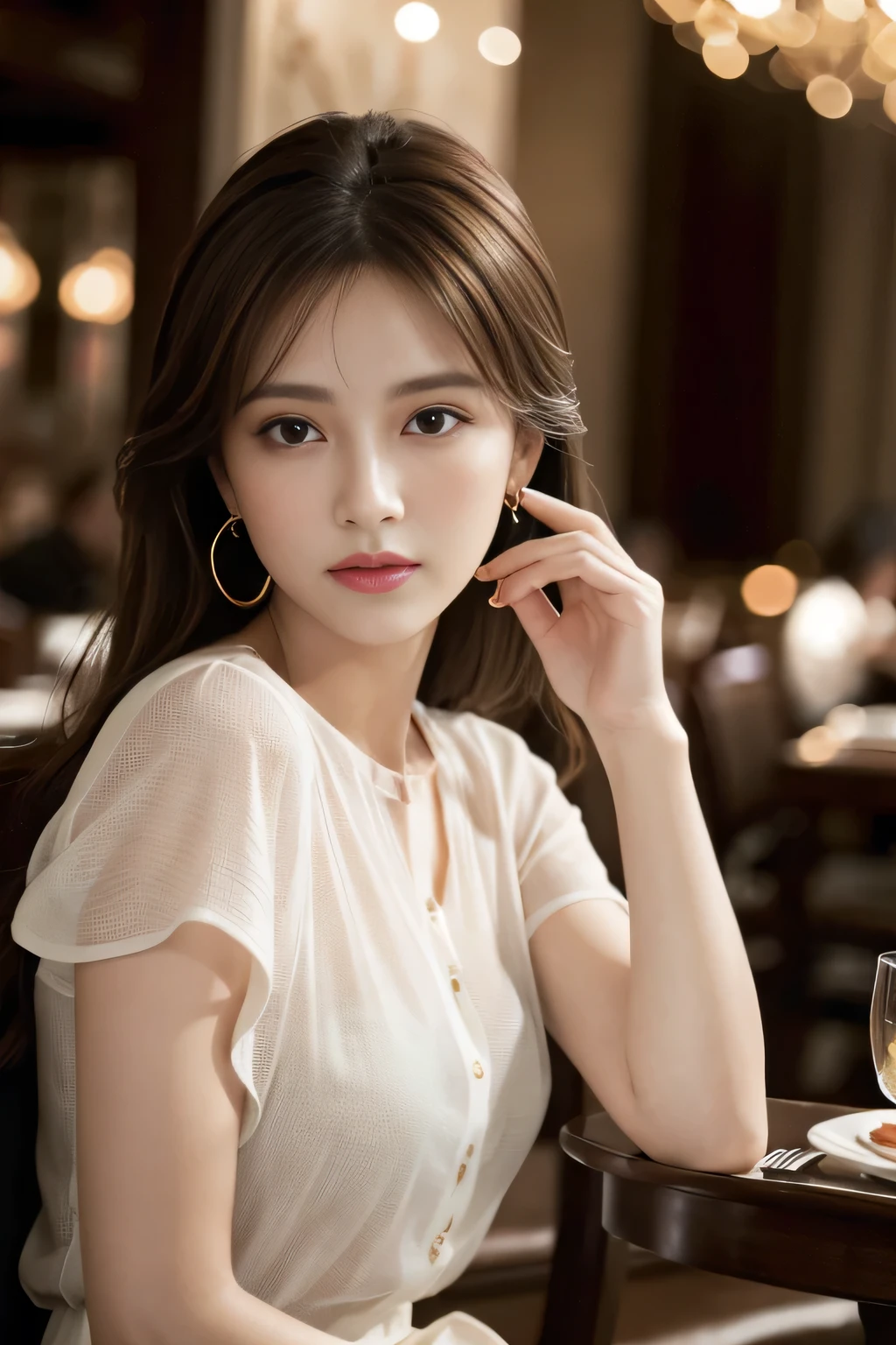 masterpiece, highest quality, Realistic, Very detailed, Finer details, High resolution, 8k wallpaper, One beautiful woman, Wear an elegant see-through shirt, In a great restaurant, At night, Light brown messy hair, Perfect dynamic composition, Beautiful and beautiful eyes、Big earrings、Sitting in a chair、