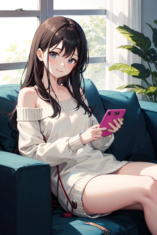 ((highest quality)), ((masterpiece)), (detailed), One girl, Off-the-shoulder sweater,
Generate an anime-style image of a woman relaxing on a sofa while looking at her smartphone.。
The woman is relaxed and smiling as she operates her smartphone.。
The background is bright、The sunlight coming through the window illuminates the room.。
There are cushions and stuffed toys around the sofa.、I feel comfortable。Women's attire is casual、There is a relaxed atmosphere。
The finished image is、It is also characterized by its colorful anime-style drawings.。