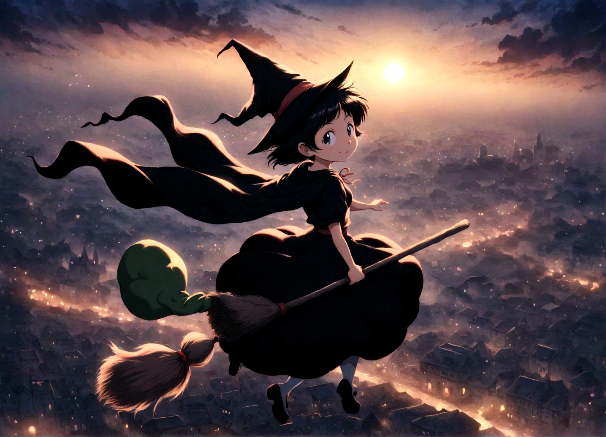 Kiki the Witch's Delivery Service、Flying over the city on a broom。hayao miyazaki style、ID SHOT