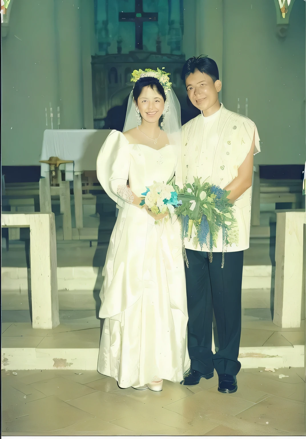 there are two people standing together in a church, momma and papa, wedding, wedding photo, 