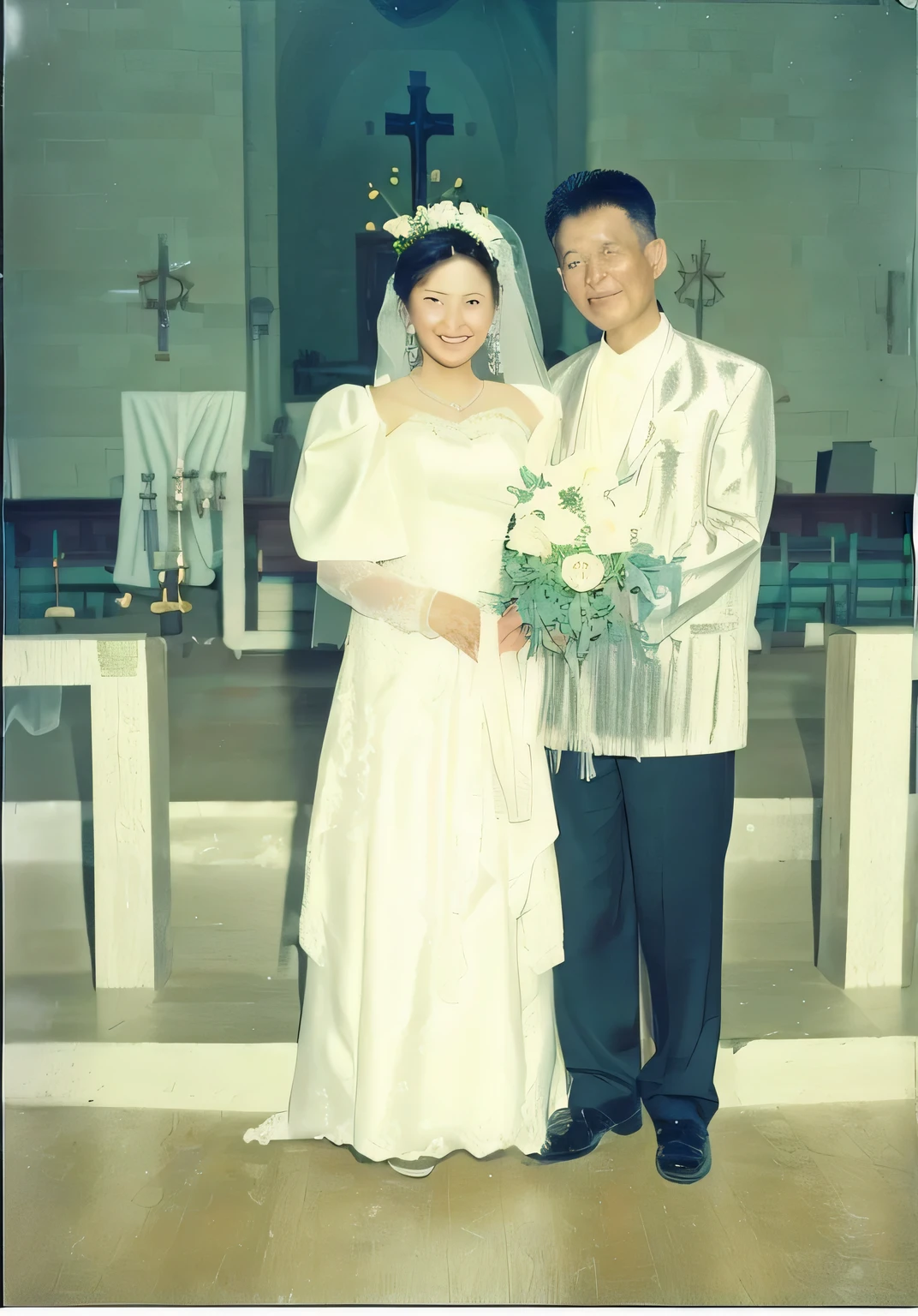 there are two people standing together in a church, momma and papa, wedding, wedding photo,