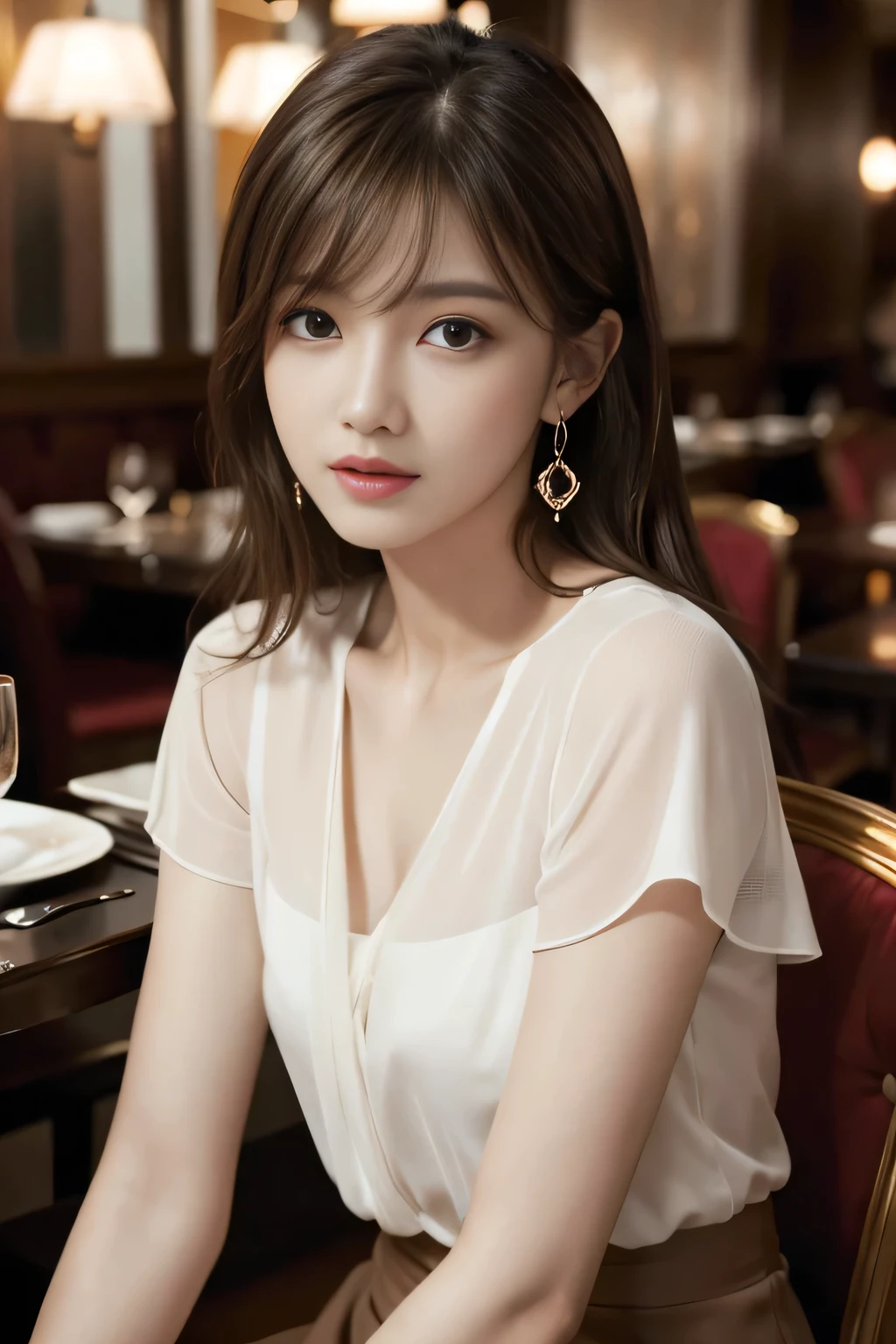 masterpiece, highest quality, Realistic, Very detailed, Finer details, High resolution, 8k wallpaper, One beautiful woman, Wear an elegant see-through shirt, In a great restaurant, At night, Light brown shaggy haircut, Perfect dynamic composition, Beautiful and beautiful eyes、Big earrings、Sitting in a chair、