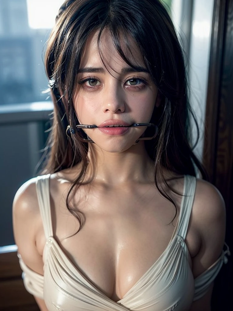 (Camila Cabello, bdsm, bondage, drool dripping, drool dangling) 8k, realistic, cleavage, drooling, drool all over chest, drool all over face, wet, pleading eyes, waiting to be tortured, lots of drool, sweating, 