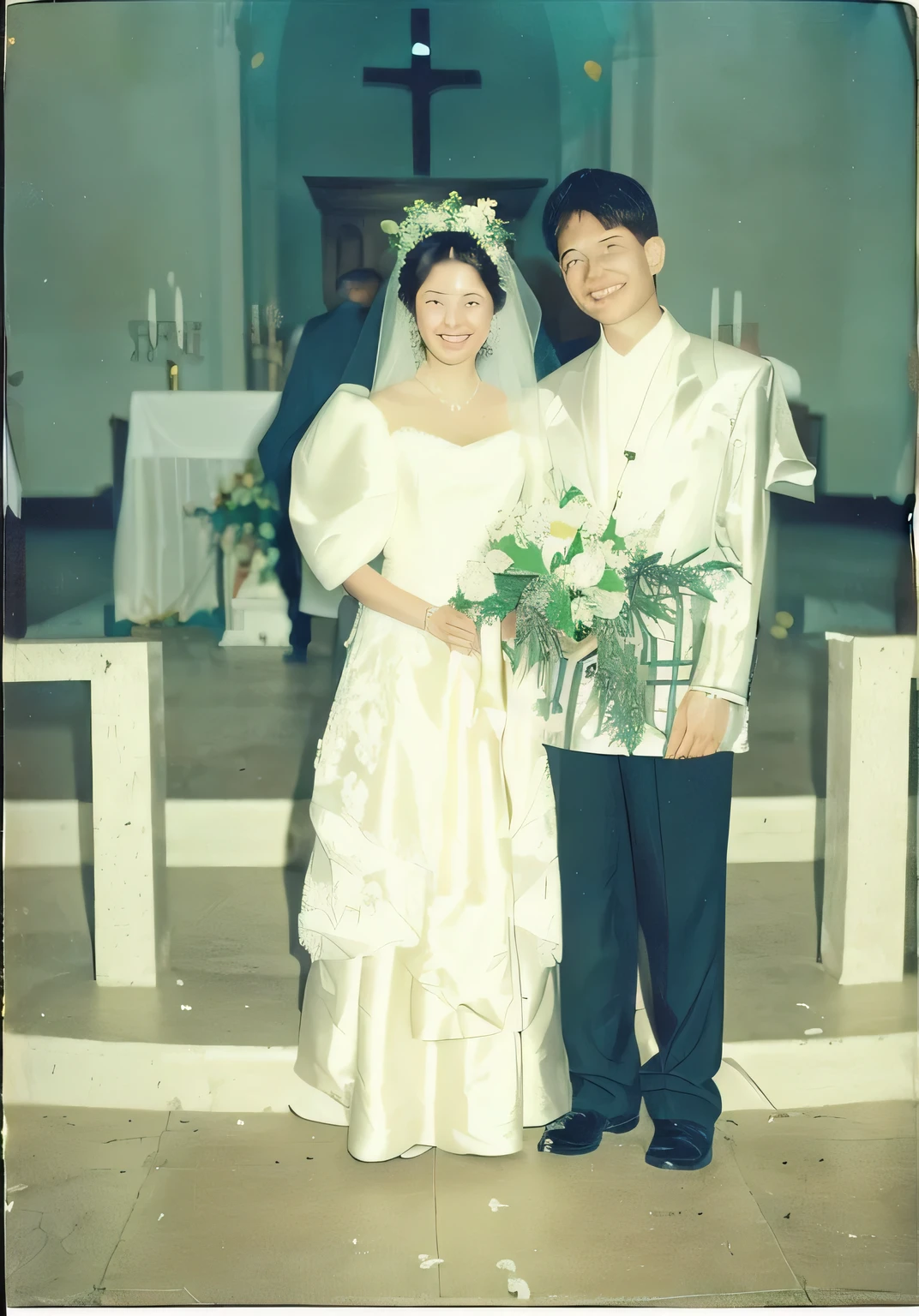 there are two people standing together in a church, momma and papa, wedding, wedding photo,