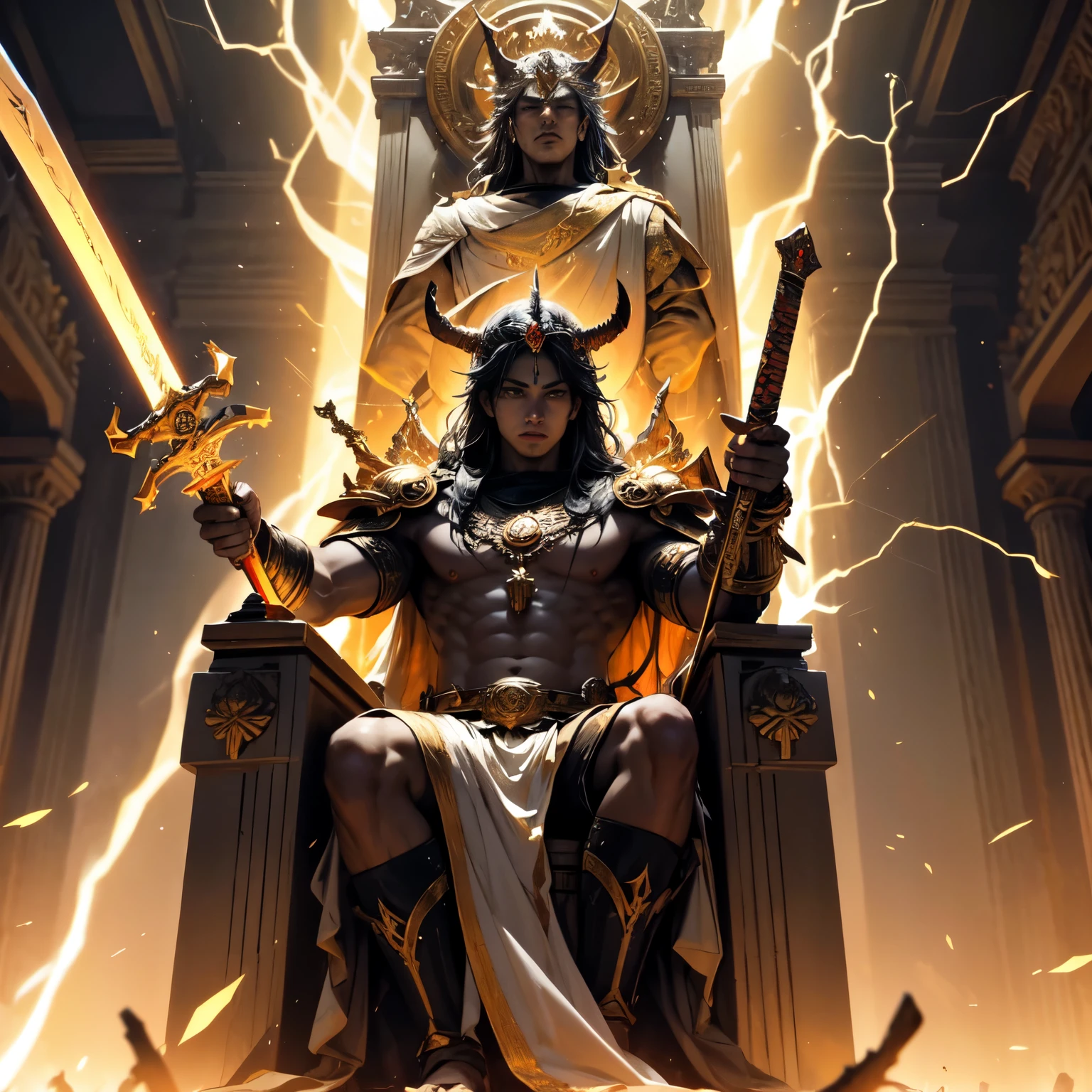 Create an 8K ultra HD digital image of a majestic oni king of flame and fire spirit, com pele vermelha escura e olhos ardentes como brasas. O rei oni tem cabelos de fogo que se movem como chamas vivas. He is clad in infernal armor forged from dark metals and adorned with incandescent stones that glow brightly.. Uma capa de fogo vivo se estende de seus ombros. Na sala do trono antigo, o rei oni empunha a Espada de Zeus. The sword is made of celestial gold and emits golden rays, with divine inscriptions along the blade that shine brightly. The hilt of the sword is adorned with small rays and lightning., simbolizando seu poder supremo. He holds the sword in a bowing pose, pronto para honrar os ancestrais, while electric sparks dance around you. The Sword of Zeus is known for its ability to control thunder and lightning, e uma aura de poder divino emana dela. The ancient throne room is venerable, with ancient stone columns covered in runes and relics of ages past. Magical fire torches illuminate the space with an ethereal light. The throne is a solemn seat carved from stone and adorned with ancient crystals. The image should capture the reverence and history of the ancient throne room, highlighting the interaction of the oni king with the Sword of Zeus.