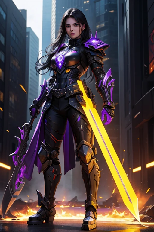 warrior.cybernetic.black plow with yellow Raí.purple swords