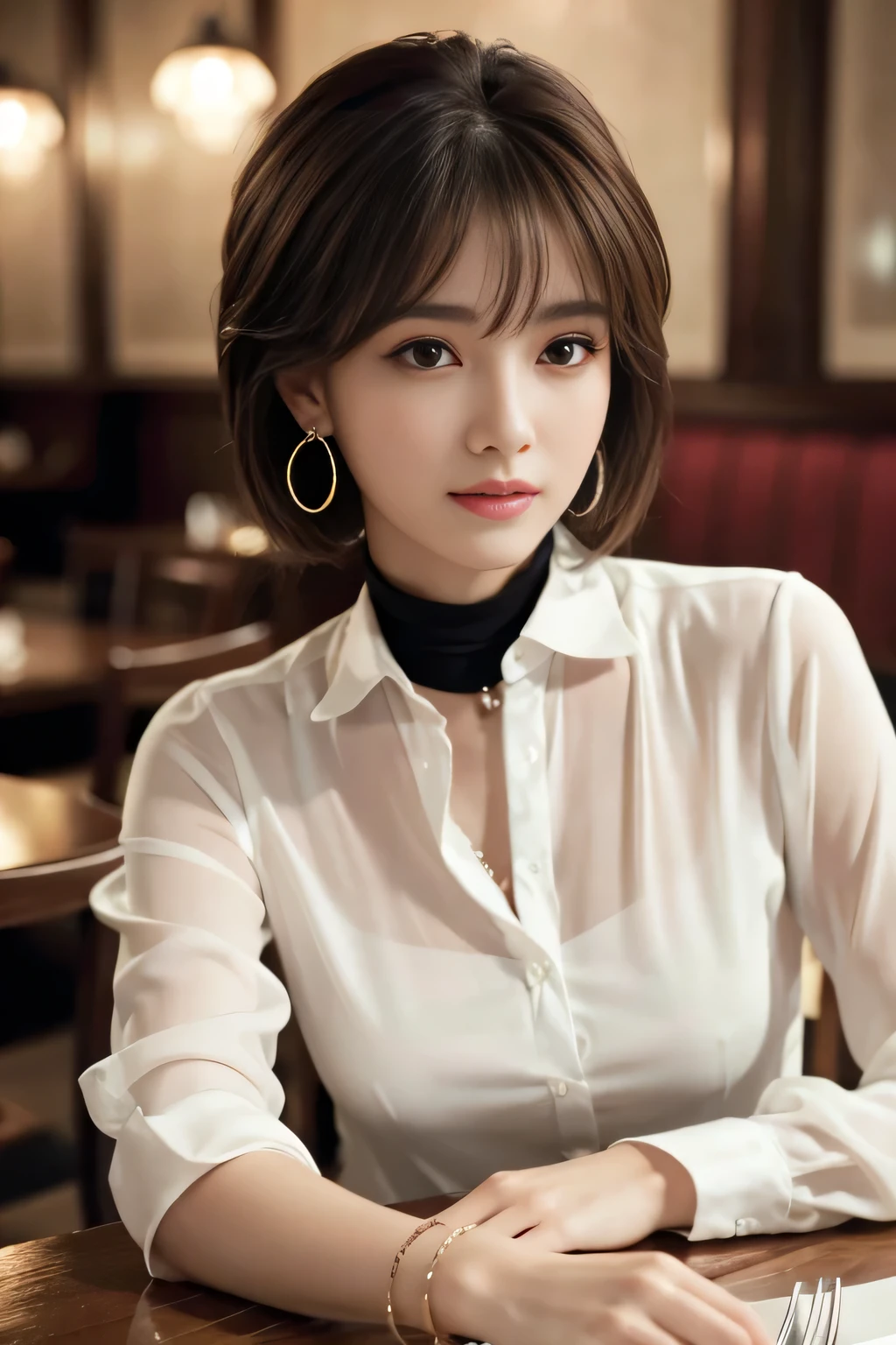 masterpiece, highest quality, Realistic, Very detailed, Finer details, High resolution, 8k wallpaper, One beautiful woman, Wear an elegant see-through shirt, In a great restaurant, At night, Light brown shaggy haircut, Perfect dynamic composition, Beautiful and beautiful eyes、Big earrings、Sitting in a chair、