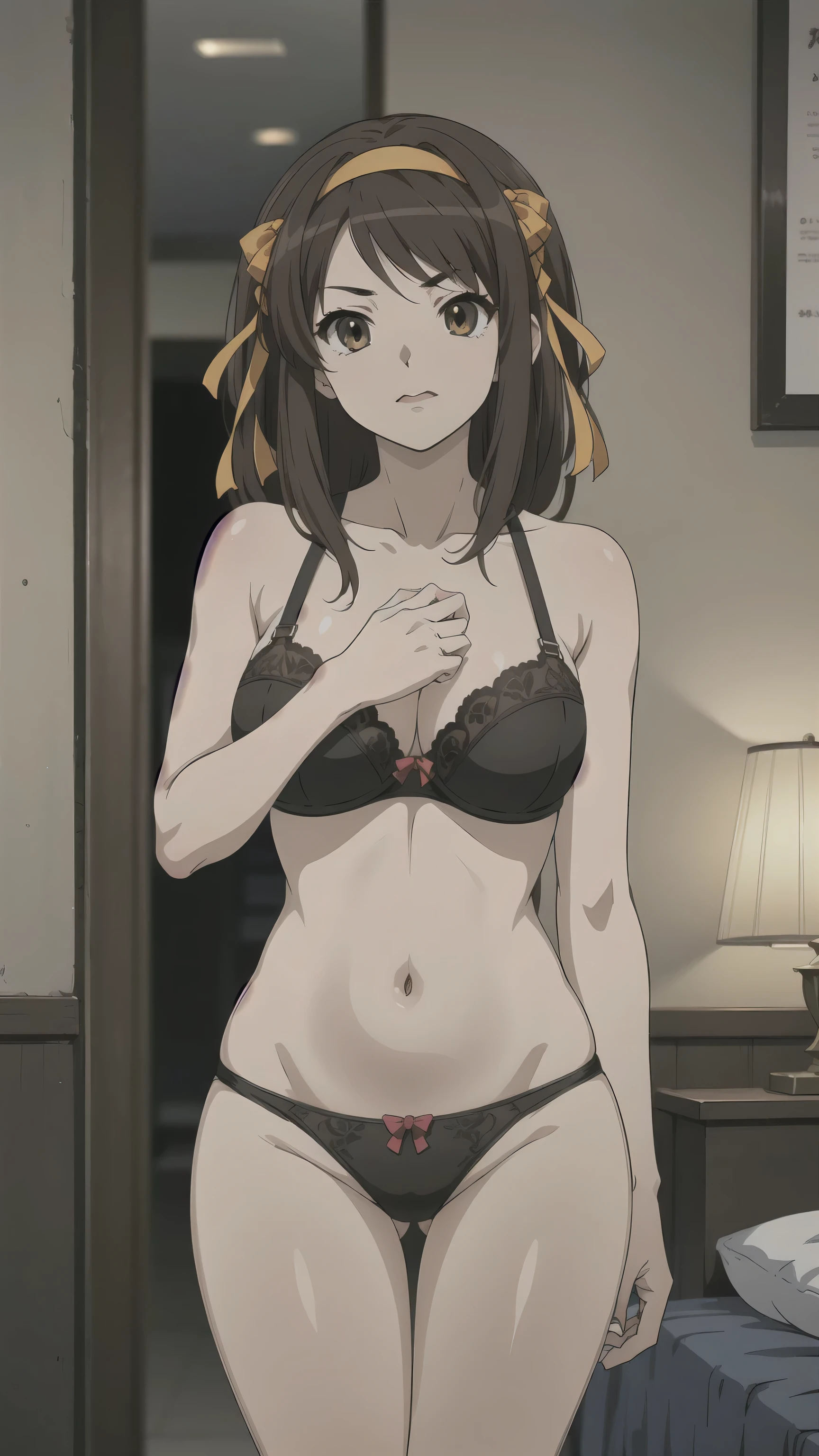 (A superb exquisite haruhi suzumiya), (haruhi suzumiya:1.5), brown eyes, brown hair, natural straight hair, hairband, ribbon, straight bangs, solo, nature, extremely delicate, straight facial features, peerless beautiful girl, soft, (sensual face), ((ecchi face)), dreamy quality, exaggerated facial features, solid color, frank holly, delicate face, bright lips, slender waist, soft curves, real light and shadow, super fine, 4k, natural moving, Ultra high resolution, (masterpiece:1.2, best quality), (finely detailed beautiful eyes: 1.2), (beautiful detailed face), sexy nude model, sexy pose, (large chest), (Perfect Body Proportions), (bedroom), Mekosuji, Spread your legs a little and show off your crotch, bra & panties,