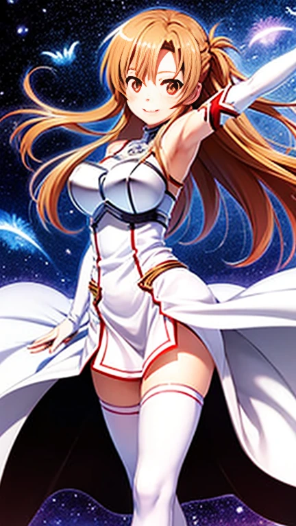 Big breasts Asuna,Light smile,Raised sexy,The sword,holding a weapon,white dresses,armour,Floating hair,Red skirt,With a sword,Arm out,Best quality at best,poster for