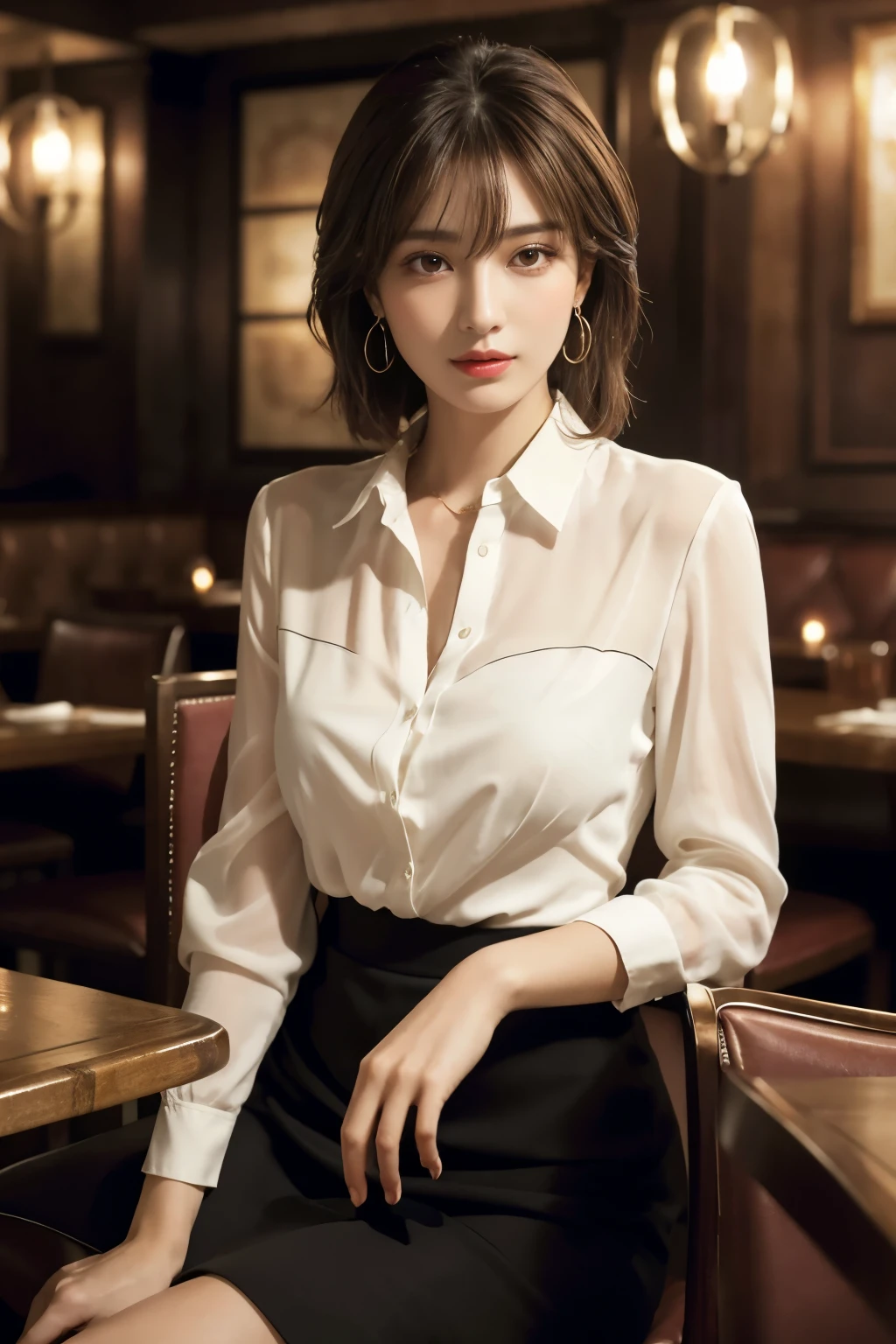 masterpiece, highest quality, Realistic, Very detailed, Finer details, High resolution, 8k wallpaper, One beautiful woman, Wear an elegant see-through shirt, In a great restaurant, At night, Light brown shaggy haircut, Perfect dynamic composition, Beautiful and beautiful eyes、Big earrings、Sitting in a chair、