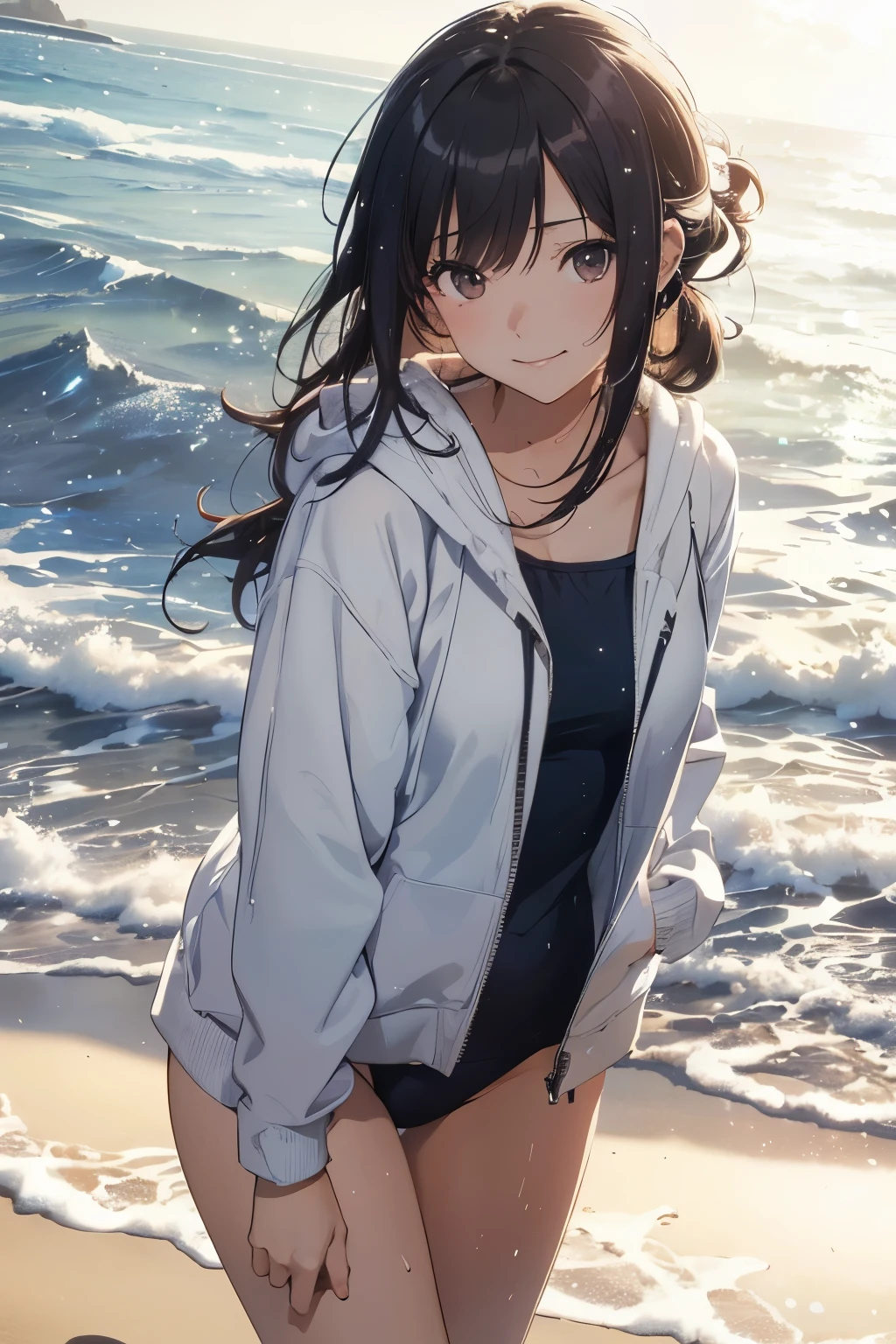 (masutepiece), (Best Quality), hyper detailed illustration,beautiful artwork,(Extreme Detail CG Unity 8K wallpaper、masterpiece、top-quality)、(exquisite lighting and shadow、highly dramatic picture、cinematic lens effects)、One girl in white hoodie and school swimsuit standing beach, black long haired girl wearing hoodie, beautiful Girl, CG Art, anime style 4 k, Seductive Girl, 4k wallpaper, attractive girl, beautiful Girl, beautiful alluring Art styles, ,Wake up with water,Wet,(Evil smile),Brown eyes,Wide blue sky,(Tsurime),(straggling hair),(Wet),poneyTail,(on the beach),beach side,(light sparkles),(light particles),(head tilt),(front view)