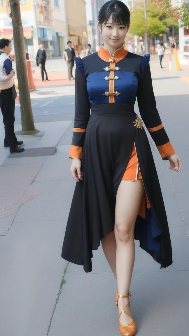 ((Full body photo, standing, feet on the floor)) (Photo:1.3), highdetail, ling_xiaoyu, 1girl, solo, sitting, smirk, formal dress, chinese clothes, orange dress, Dark red, gray, and black colors, vibrant colors, (summer, sunny weather:1.3), medium intensity lighting, (Soft focus:1.3), (acclaimed, alluring, captivating, exciting, gorgeous, striking:1.3), (ultra realistic, sharp focus:1.3) looking at viewer, smiling, full body photo, standing, outside, city, sidewalk, crowd, blue sky, high quality, masterpiece