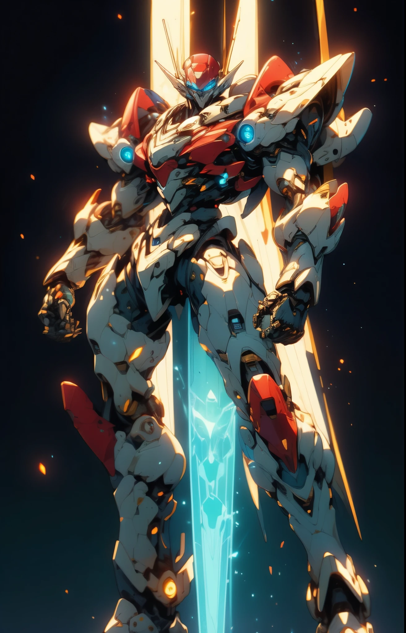 Humanoid Mecha, fully enclosed shoulder guards, matching arm and leg guards, full body, full armor, super robot, the design balances heavy with agility, (the color scheme is primarily white with red and blue accents, the concept Inspired by super robot, organic biotech armor, pose, standing, floating high above the futuristic sci-fi city), exquisite and mature art style, (aura effect, energy, glowing eyes, the armor glows), ((SRS)), metallic, dynamic angle, dynamic composition, dramatic, high definition, best quality, highres, ultra-detailed, ultra-fine painting, extremely delicate, professional, perfect body proportions, anatomically correct, symmetrical face, extremely detailed eyes and face, high quality eyes, creativity, RAW photo, UHD, 32k, Natural light, cinematic lighting, masterpiece-anatomy-perfect, masterpiece:1.5